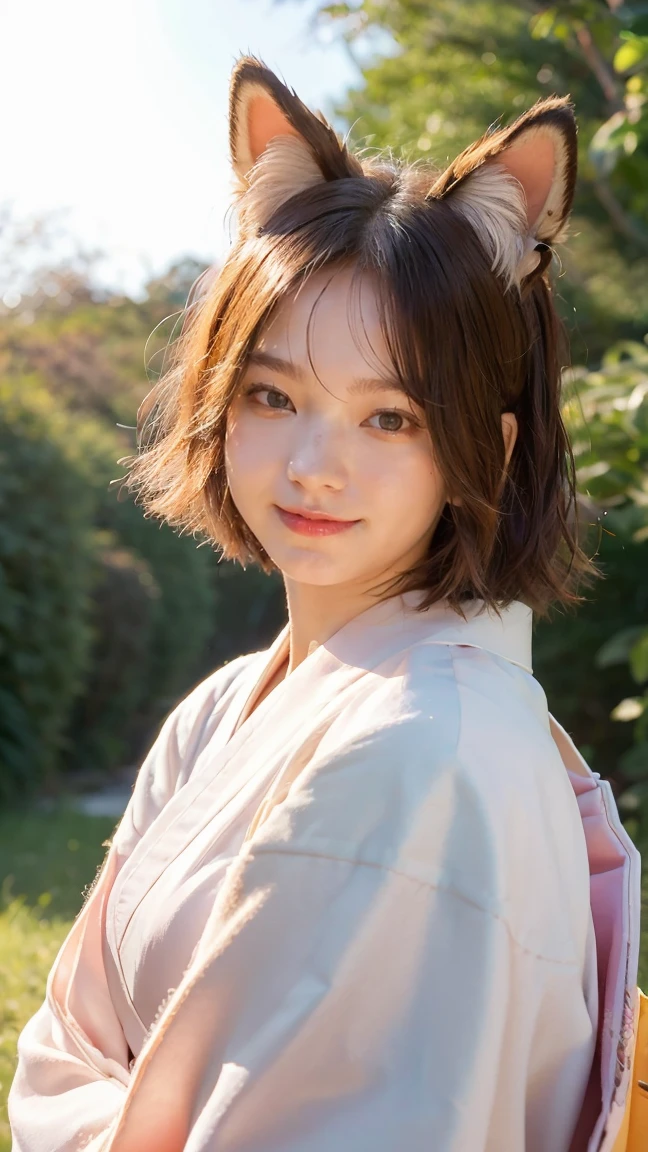 masterpiece, best quality, highly detailed, 1girl, solo, (:3:0.9), animal ear fluff, animal ears, orange hair, fluffy hair, blush, brown eyes, flower, fox ears, fox girl, gradient, gradient background, hair flower, hair ornament, japanese clothes, kimono, looking at viewer, miko, smile, solo, white kimono, beautiful lighting