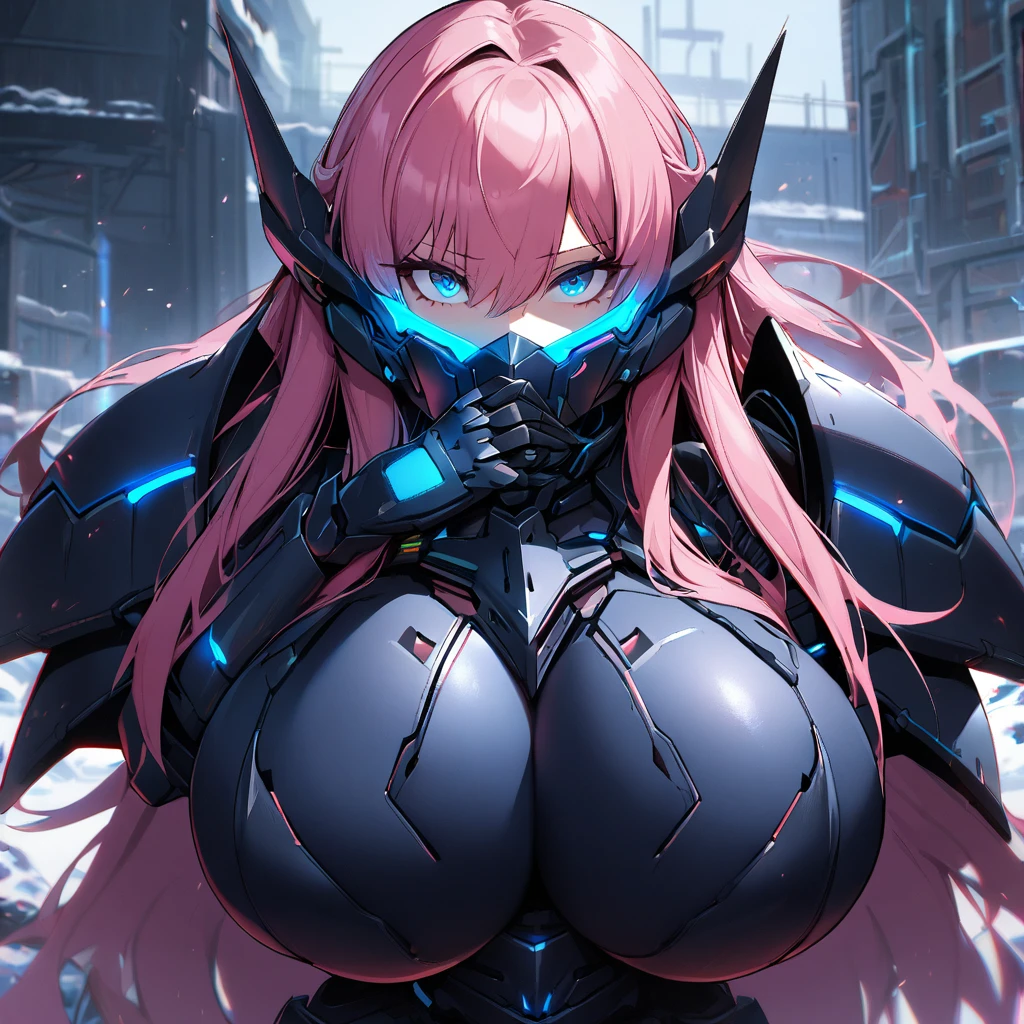 1girl,solo,pink hair color,long hair,light blue eyes,gigantic huge breasts,Wearing black sci-fi armor,Armor adheres closely to body lines,Cyber mask covering mouth,expressionless,icy stare,cold expression,Ruthless,close mouth,looking at viewer,standing up,near,disused factory