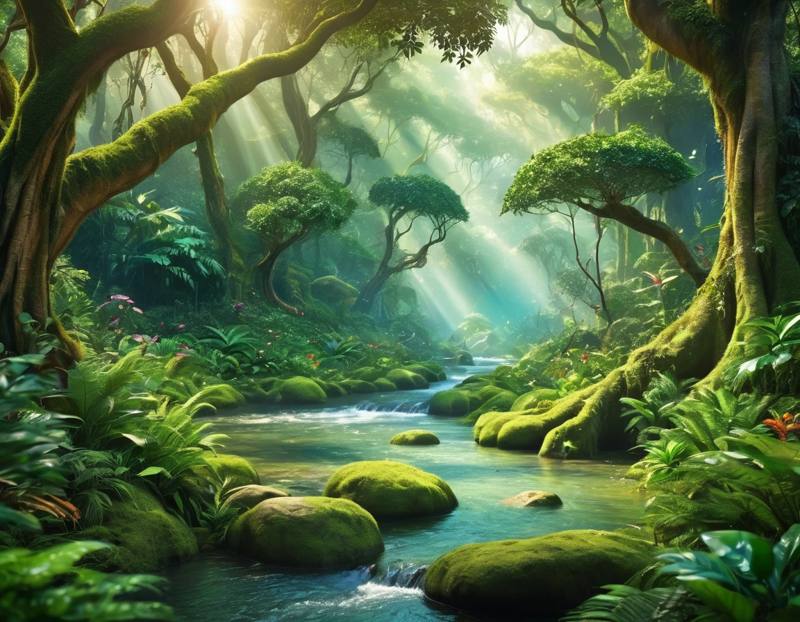 Huge forest，There is a stream flowing through, forest portal, Forest Background, Forest environment, Peaceful Elf Forest, enchanted magical The Jungle Book, lush Fairy Forest, The Jungle Book, beautiful Forest view, Forest view, spinning scene in forest, In a picturesque forest diorama, Forest Theme, Fairy Forest, Forest scene, beautiful ancient forest