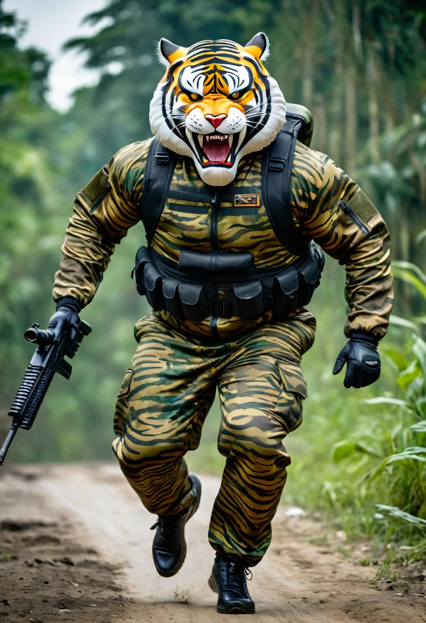 (a dark-skinned fat muscular old man in a bulky army camouflage zipper diver suit) running and shooting with a rifle, (wearing realistic roaring siberian tiger mask), muscular, Bruce Onobrakpeya, sumatraism, stanley artgermm, action, heroic, fierce, snarling