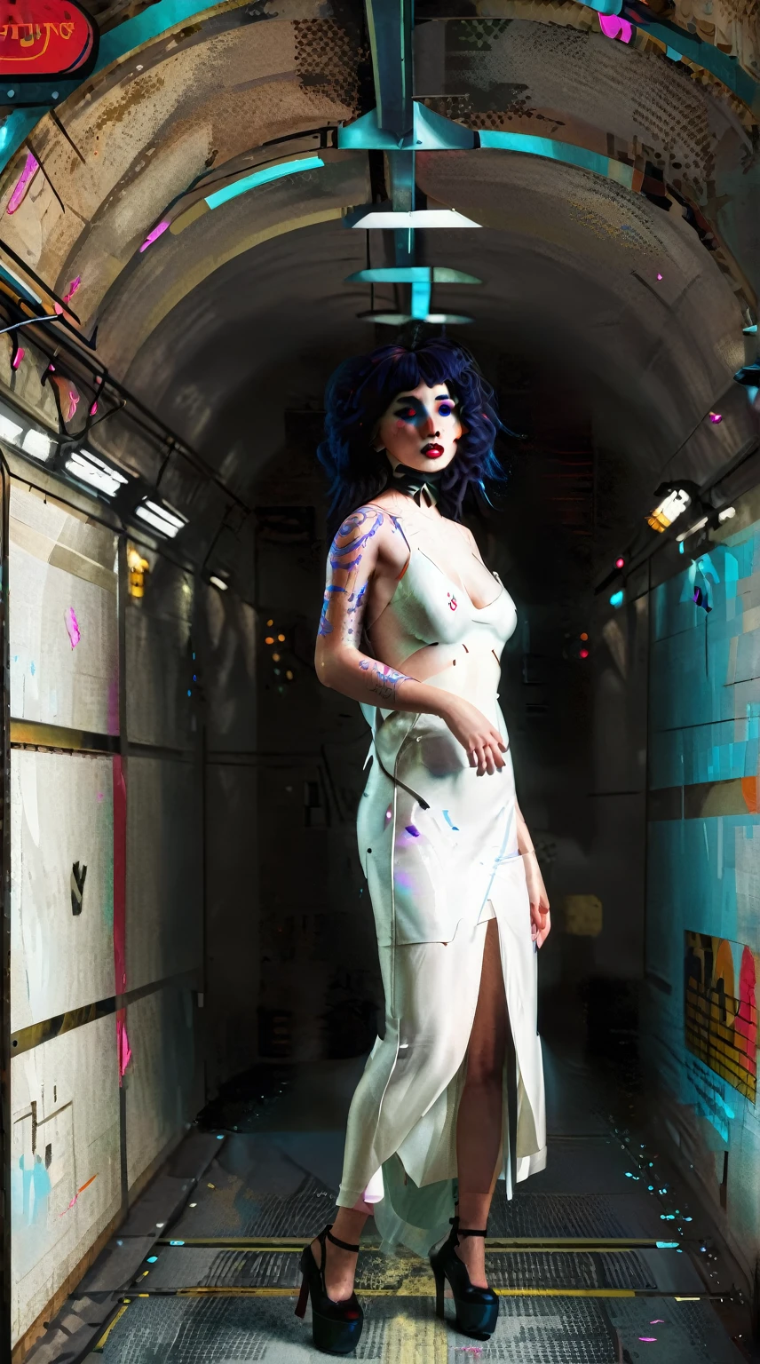 Cinematic film still of a woman in a white dress is posing in a tunnel,1 girl,One,long hair,breast,Looking at the viewer,Blue eyes,black hair,Nipples,hips,nude,huge breast,lips,leaning forward,Older,freckles,realistic,Nose,hanging breast , realistic, real, photo real, Cinematic, Dramatic, movie, Dramatic light, unreal engine, 3D computer graphics, HDR, Hyperrealism Style, Motherша, Mother, shallow depth of field, vignette, very detailed, high budget, hips, synoscope, capricious, epic, fabulous, Granularity, grainy