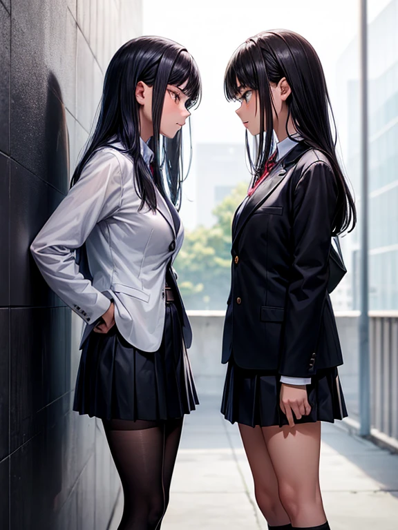 An 18-year-old girl and a ,Black Hair,Blazer look,(glaring at each other),Mouth wide open,School,Wall,Standing firmly facing each other,whole body,Side angle