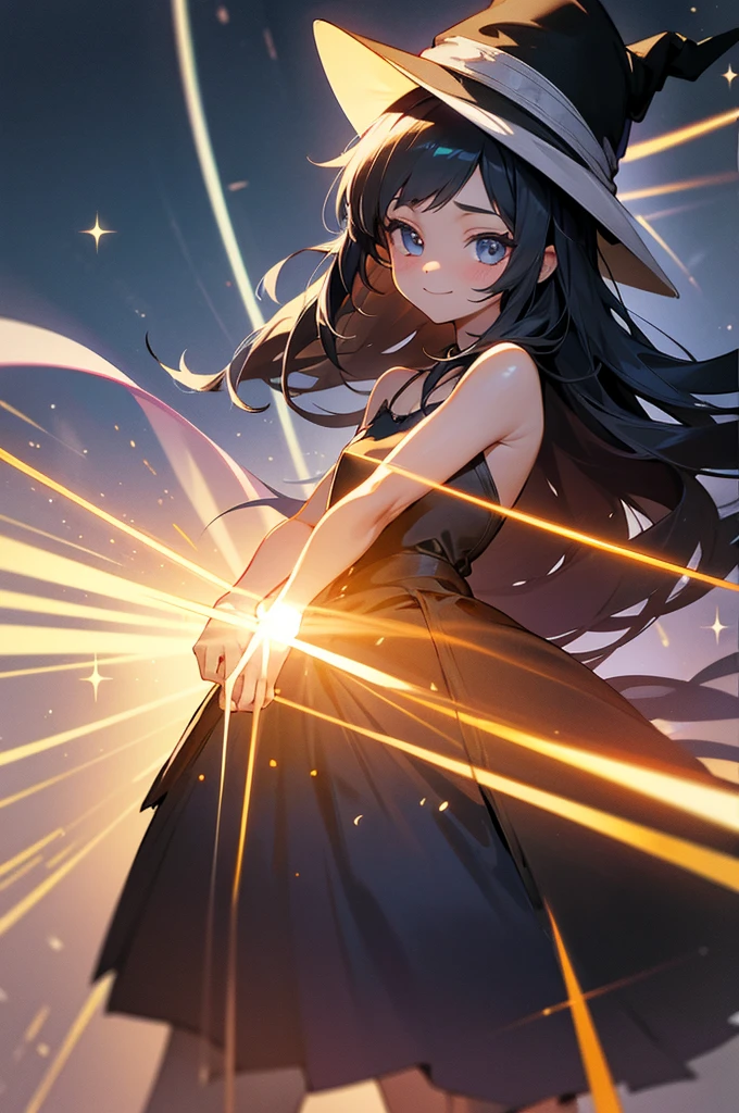 Perfect human body modeling, 1 girl, cute girl, pretty face, bitter smile, 12 years old, Beautiful black long hair, beautiful eyes, flat chest, small build, No muscles, white skin, wizard, Big magic wand, gothic skirt, magical girl, little Medieval Dress, Princess Dresses, Big black hat, light particles, light sparkles, lens flare, Light particles, Magic light, strong light