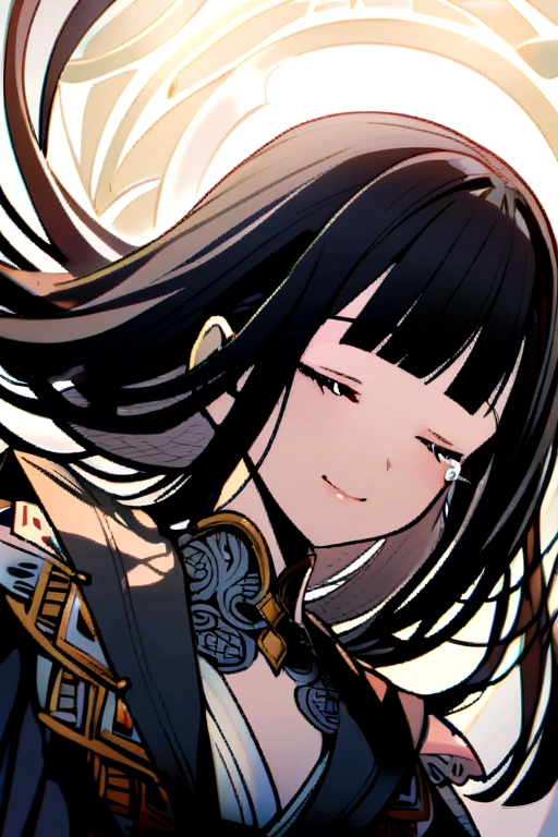 A beautiful black haired girl crying her eyes closed (pointed upwards), smiling sadly,has long eyelashes,has bangs wears a girls  