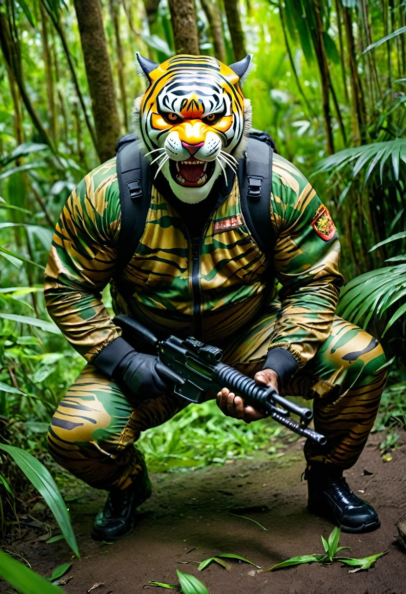 (a dark-skinned fat muscular old man in a bulky army camouflage zipper diver suit) crouching in a jungle and shooting with a rifle, (wearing realistic roaring siberian tiger mask), muscular, Bruce Onobrakpeya, sumatraism, stanley artgermm, action, heroic, fierce, snarling