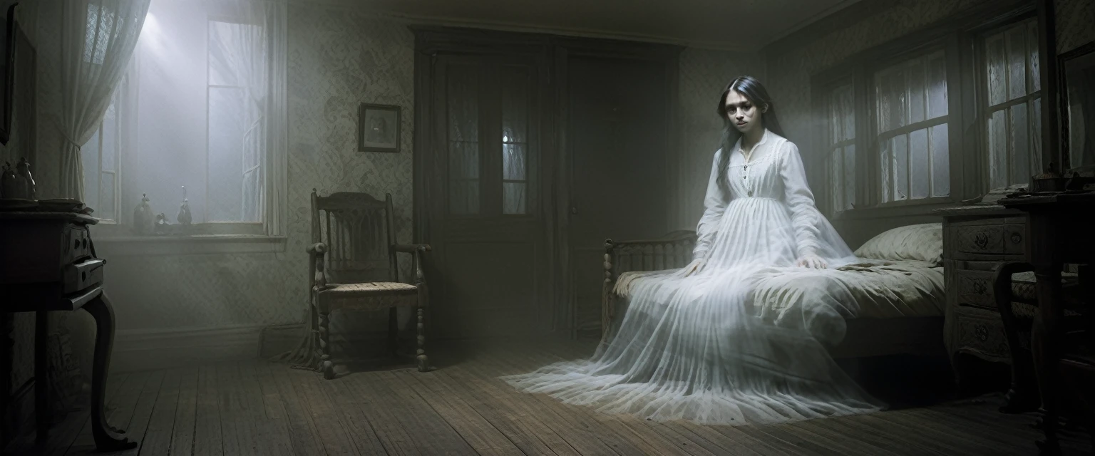 A young Indonesian male student, about 23 years old, stood frozen in fear in his dimly lit bedroom in an old Dutch colonial style house at night. The male student sits on the bed while the somewhat transparent ghost of Maria stands at the end in front of their door facing each other. Maria is a very scary ghost figure who has long messy hair, a pale and gaunt face, sunken eyes, and wears a tattered vintage white dress but is slightly beautiful and is of Dutch descent, red blood comes out of her eyes. The scene is filled with eerie shadows, and Maria's menacing and frightening presence, creating a very tense and frightening atmosphere. A gloomy, foggy, light smoky atmosphere. (masterpiece, 8K, super realistic, full body, one shoot, super details, super focus, mystic, mysterious)