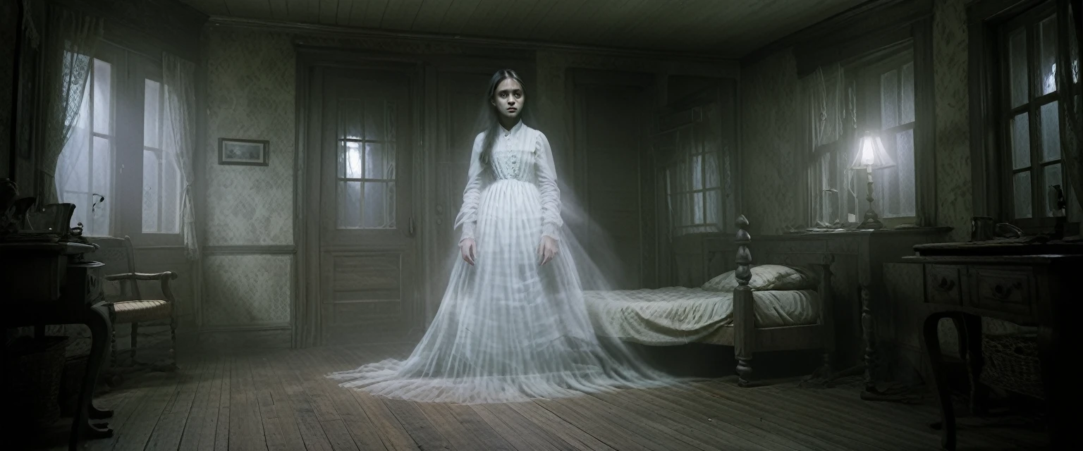 A young Indonesian male student, about 23 years old, stood frozen in fear in his dimly lit bedroom in an old Dutch colonial style house at night. The male student sits on the bed while the somewhat transparent ghost of Maria stands at the end in front of their door facing each other. Maria is a very scary ghost figure who has long messy hair, a pale and gaunt face, sunken eyes, and wears a tattered vintage white dress but is slightly beautiful and is of Dutch descent, red blood comes out of her eyes. The scene is filled with eerie shadows, and Maria's menacing and frightening presence, creating a very tense and frightening atmosphere. A gloomy, foggy, light smoky atmosphere. (masterpiece, 8K, super realistic, full body, one shoot, super details, super focus, mystic, mysterious)