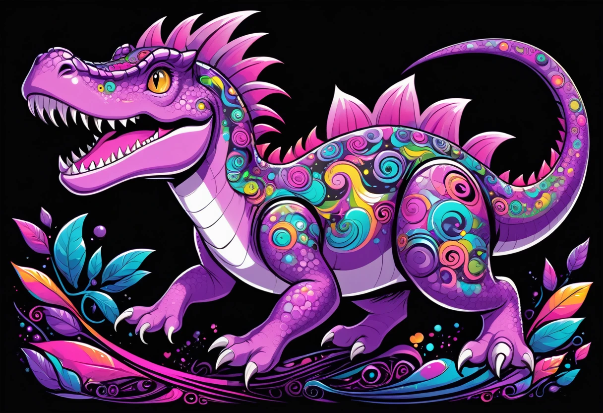 A vector design for a t-shirt, with a black background featuring elements of [[joy small cyber-dinozaur] in the style of hyper-detailed illustrations with a colorful, cartoonish style in high resolution using [liliac + pink] colors and hard edge lines, along with swirling details and high contrast