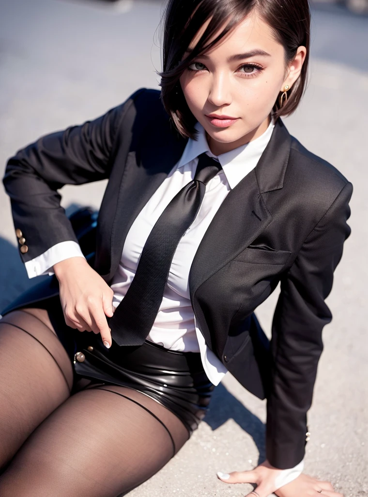 (8K, Highest quality, masterpiece:1.2), (Realistic, Realistic:1.37), Super detailed, 1 Girl, whole body, Outdoor, (Tuned Hair:1.5) office lady, black office blazer, Office Skirt, (pantyhose: 1.2), (Short Button Down Shirt: 1.2), Button-up collar prim, Button-down collar prim, good, (pantyhose: 1.2), Alpha Layer, High heels, Beautiful earrings, cute, alone, Beautifully detailed skies, (smile: 1.15), (Mouth closed), Small breasts, Beautiful attention to detail, business suit, (short hair: 1.2), Floating Hair NovaFrogStyle,