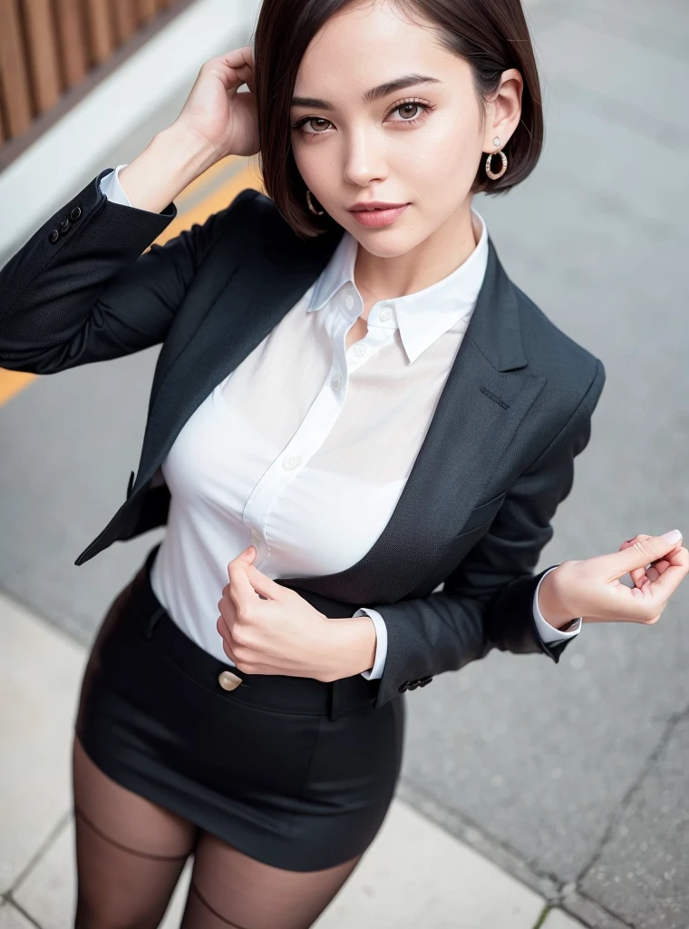 (8K, Highest quality, masterpiece:1.2), (Realistic, Realistic:1.37), Super detailed, 1 Girl, whole body, Outdoor, (Tuned Hair:1.5) office lady, black office blazer, Office Skirt, (pantyhose: 1.2), (Short Button Down Shirt: 1.2), Button-up collar prim, Button-down collar prim, good, (pantyhose: 1.2), Alpha Layer, High heels, Beautiful earrings, cute, alone, Beautifully detailed skies, (smile: 1.15), (Mouth closed), Small breasts, Beautiful attention to detail, business suit, (short hair: 1.2), Floating Hair NovaFrogStyle,