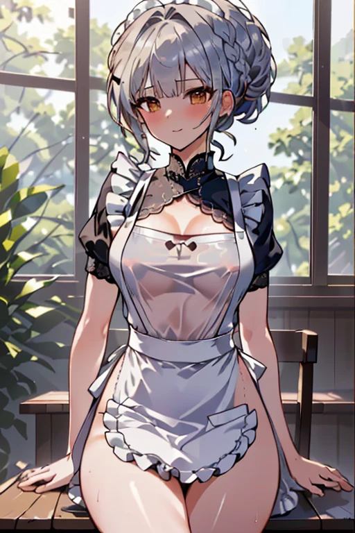(A masterpiece of image quality in 8K),(from below:1.2),(Beautiful Allafed Woman),(((emphasizing breasts:1.0))),(Dynamic angles),(Dynamic and sexy bending pose:1.3),(sit a chair:1.3),(Short hair in shiny silver and orange inner colors,(perky chest:1.1), (pointed chest:1.3),small full breasts,Disturbance of clothing due to movement,breast slip,(Ponytail twisted buns adorned with elaborate braids and beads,Braided Setup Fishbone Hair,),(see-through bangs),small breasts、(((A white lace apron that shows your bare skin from under your small breasts)))、Blush with embarrassment、Enraptured eyes、A smile that beguiles the viewer、(Look back:1.2)、Look into the photographer,skin glistening with sweat,gazing at viewer,,(Professional Lighting),(8K,masutepiece,top-quality,Ultra-high resolution output image,),(Ultra HD with complex detail image modes),depth of fields,Beautiful hands,Beautiful fingers,Detailed finger features,(Detailed hair features:1.7),detailed facial features,detailed clothes features,