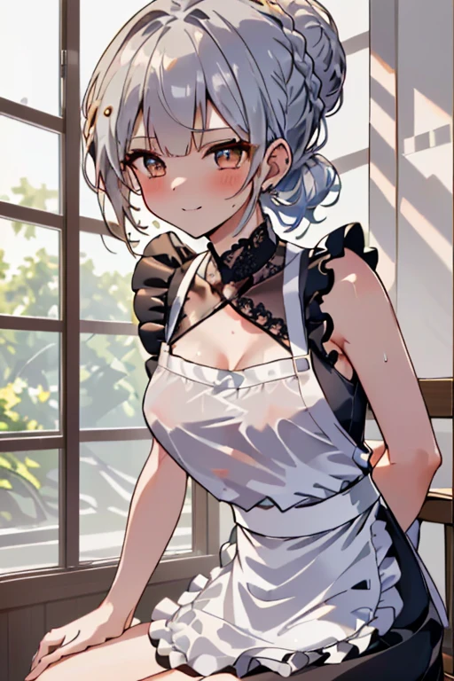 (A masterpiece of image quality in 8K),(from below:1.2),(Beautiful Allafed Woman),(((emphasizing breasts:1.0))),(Dynamic angles),(Dynamic and sexy bending pose:1.3),(sit a chair:1.3),(Short hair in shiny silver and orange inner colors,(perky chest:1.1), (pointed chest:1.3),small full breasts,Disturbance of clothing due to movement,breast slip,(Ponytail twisted buns adorned with elaborate braids and beads,Braided Setup Fishbone Hair,),(see-through bangs),small breasts、(((A white lace apron that shows your bare skin from under your small breasts)))、Blush with embarrassment、Enraptured eyes、A smile that beguiles the viewer、(Look back:1.2)、Look into the photographer,skin glistening with sweat,gazing at viewer,,(Professional Lighting),(8K,masutepiece,top-quality,Ultra-high resolution output image,),(Ultra HD with complex detail image modes),depth of fields,Beautiful hands,Beautiful fingers,Detailed finger features,(Detailed hair features:1.7),detailed facial features,detailed clothes features,
