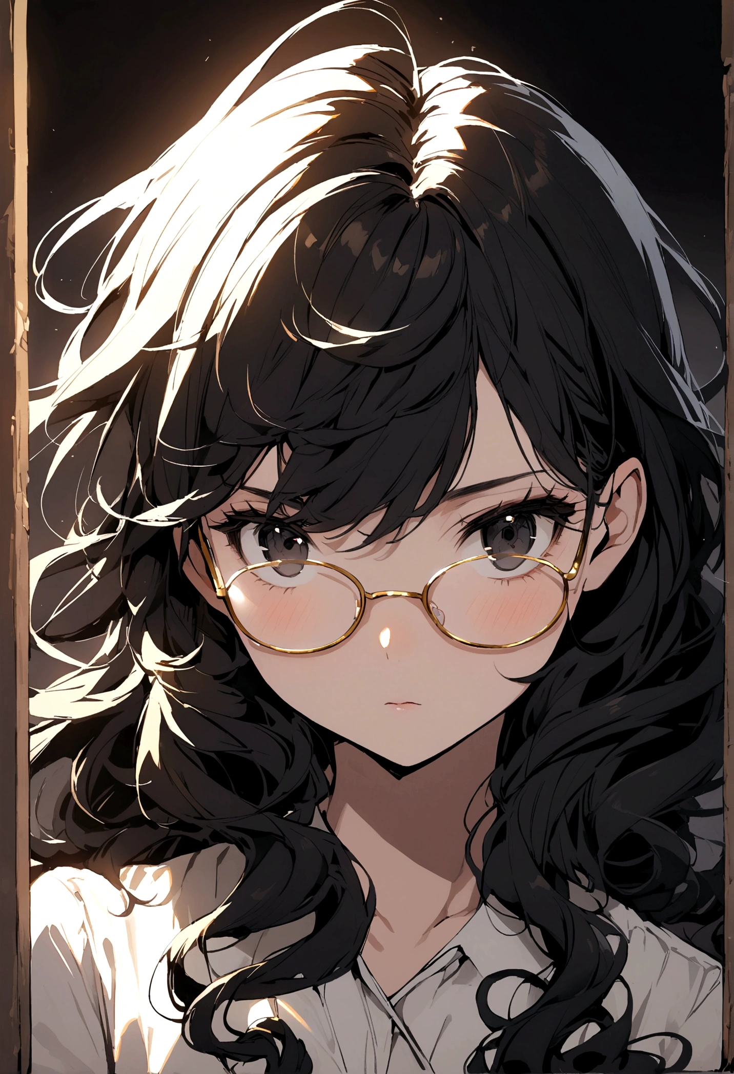 Black hair girl, Long curly hair, No bangs, Gold-rimmed glasses, black eyes, T 恤