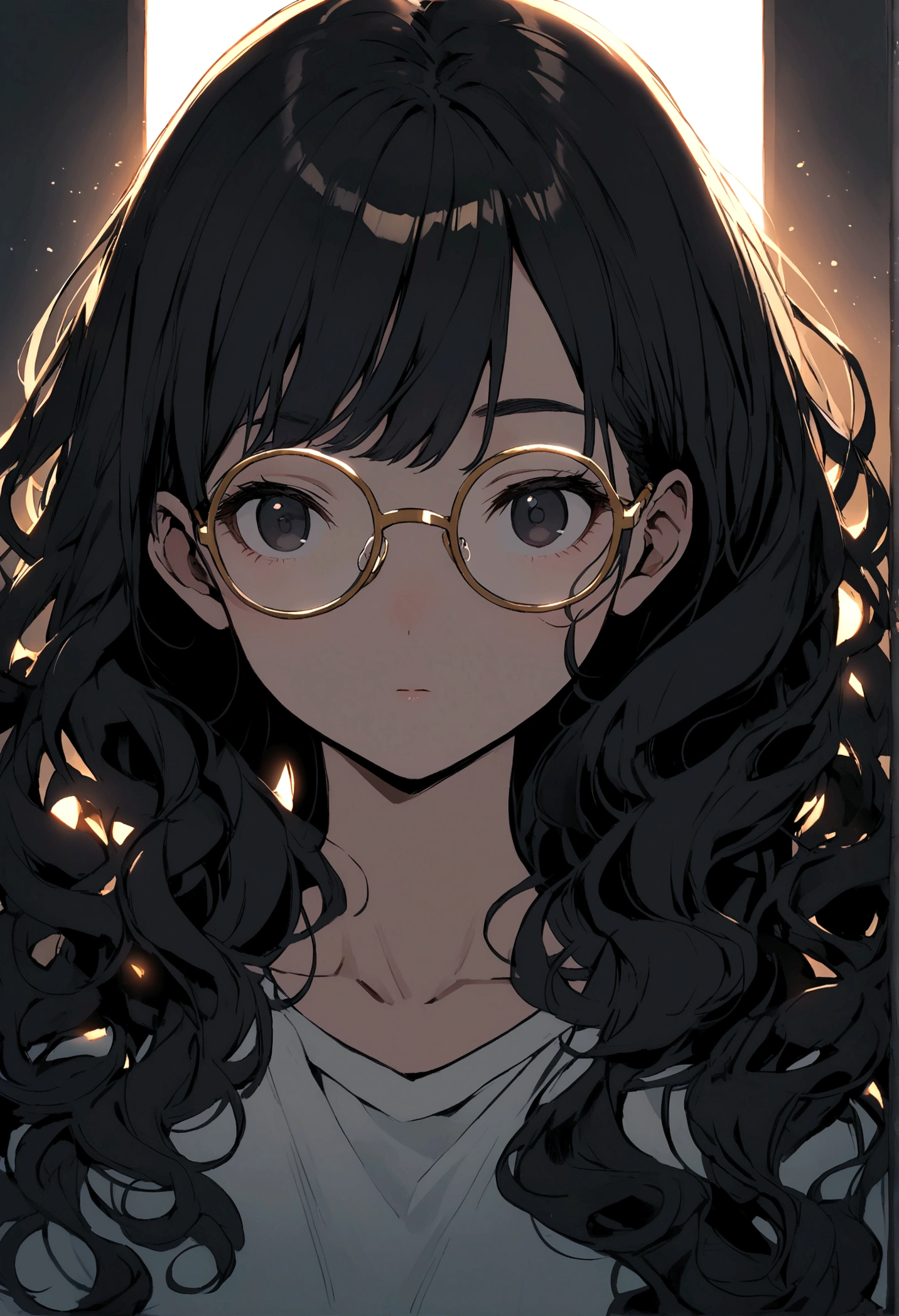 Black hair girl, Long curly hair, No bangs, Gold-rimmed glasses, black eyes,  T 恤