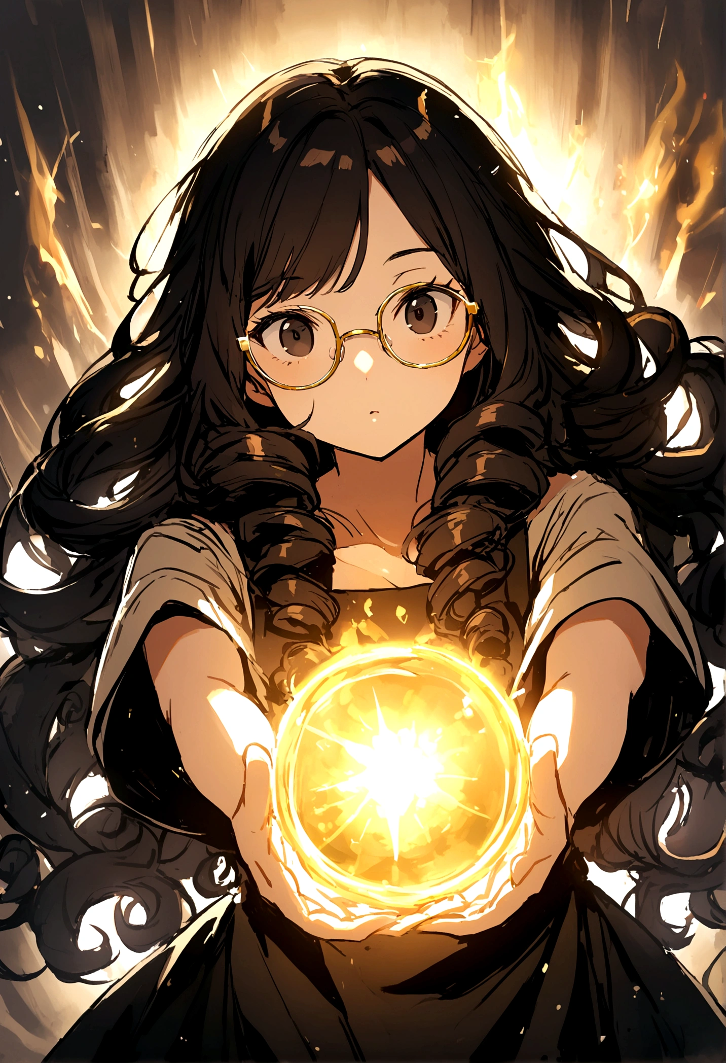 Black hair girl, Long curly hair, No bangs, Gold-rimmed glasses, black eyes,  T 恤