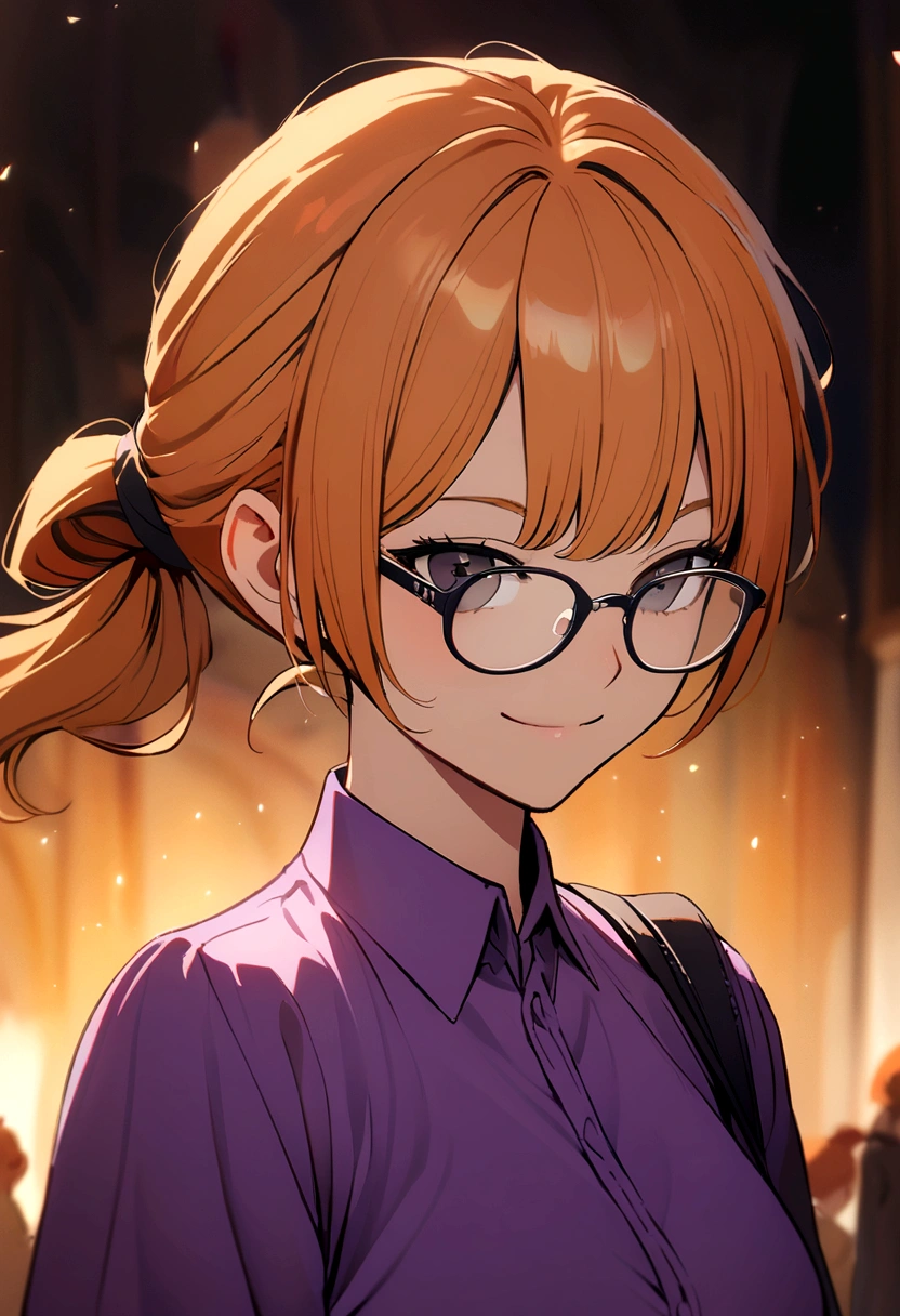 Orange haired girl, hair tied in front, black eyes, grey glasses, purple shirt, sly smile