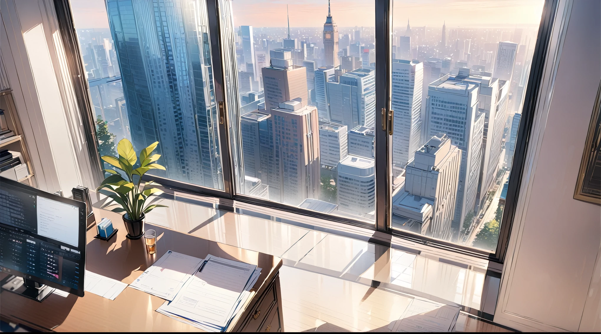 ((best quality)), ((masterpiece)), (detailed), office, president's office, floor-to-ceiling windows, top-down view scene,Potted plants,There is a computer and documents on the desk