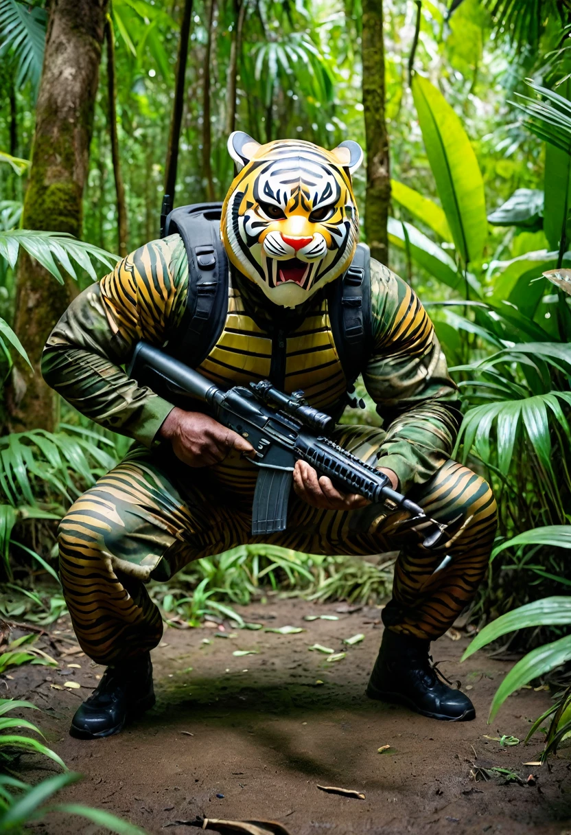 (a dark-skinned fat muscular old man in a bulky army camouflage zipper diver suit) crouching in a jungle and shooting with a rifle, (wearing realistic roaring siberian tiger mask), muscular, Bruce Onobrakpeya, sumatraism, stanley artgermm, action, heroic, fierce, snarling