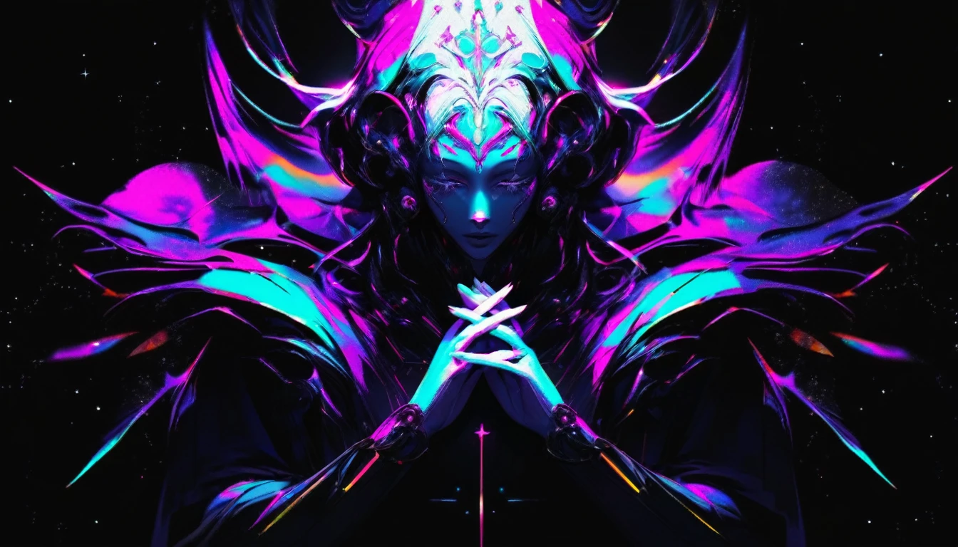 space god, black background, front view, prayer with both hands, black and white image, neon color

