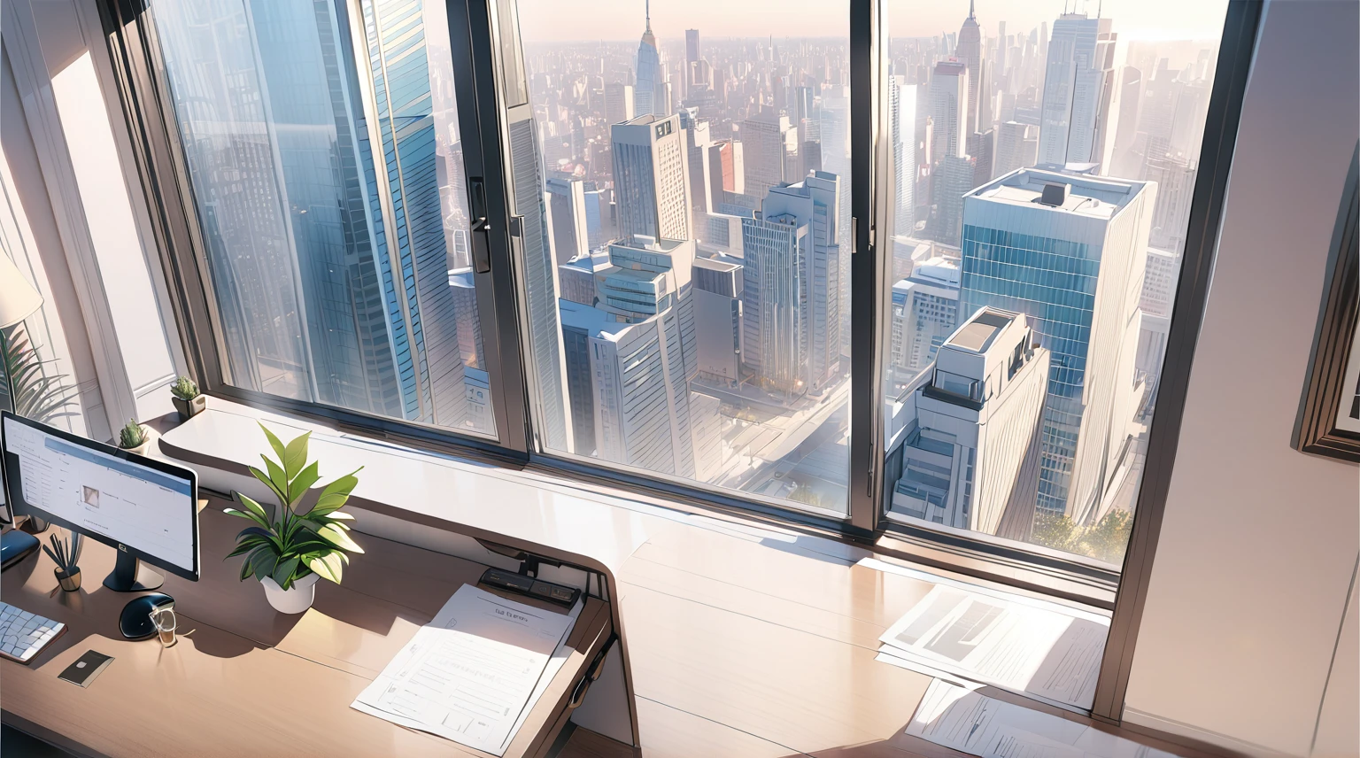 ((best quality)), ((masterpiece)), (detailed), office, president's office, floor-to-ceiling windows, top-down view scene,Potted plants，There is a computer and documents on the desk