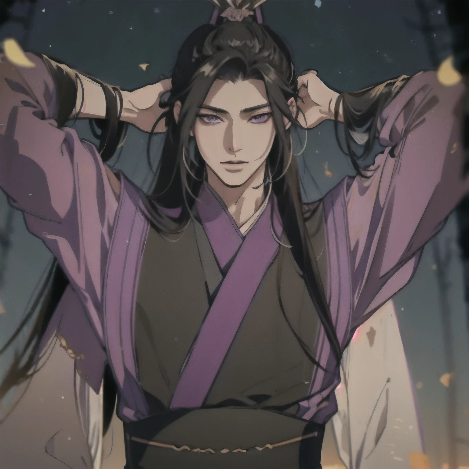 (masterpiece, best quality:1.2), 1male, solo, jiang cheng, mo dao zu shi, mdzs, purple and black clothes, purple eyes, long black hair, perfect anatomy