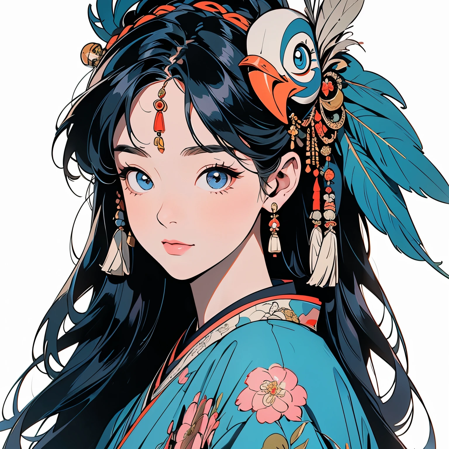 kimono, 完璧なkimono, 詳細なkimono, first-class, Super detailed, White background only, (((Super detailedな装飾))),One Woman, Perfect Face, Faint lighting, (((head shot))), Super detailedな髪、(((Sparkling Eyes))),mysterious, The wind is blowing, Apparition, Japanese style, Panorama, Long Shot,  (((Narrow-eyed beauty))),(((Indian-style feather headdress on head))),Upper Body,(((Complex eye pattern)))、(((He wears an intricate bird-head mask on his head.)))、A beautiful woman、Detailed face、Best quality face、Large feather ornament、peacock feathers、torii、Night view、Lantern、lake、Detailed Background