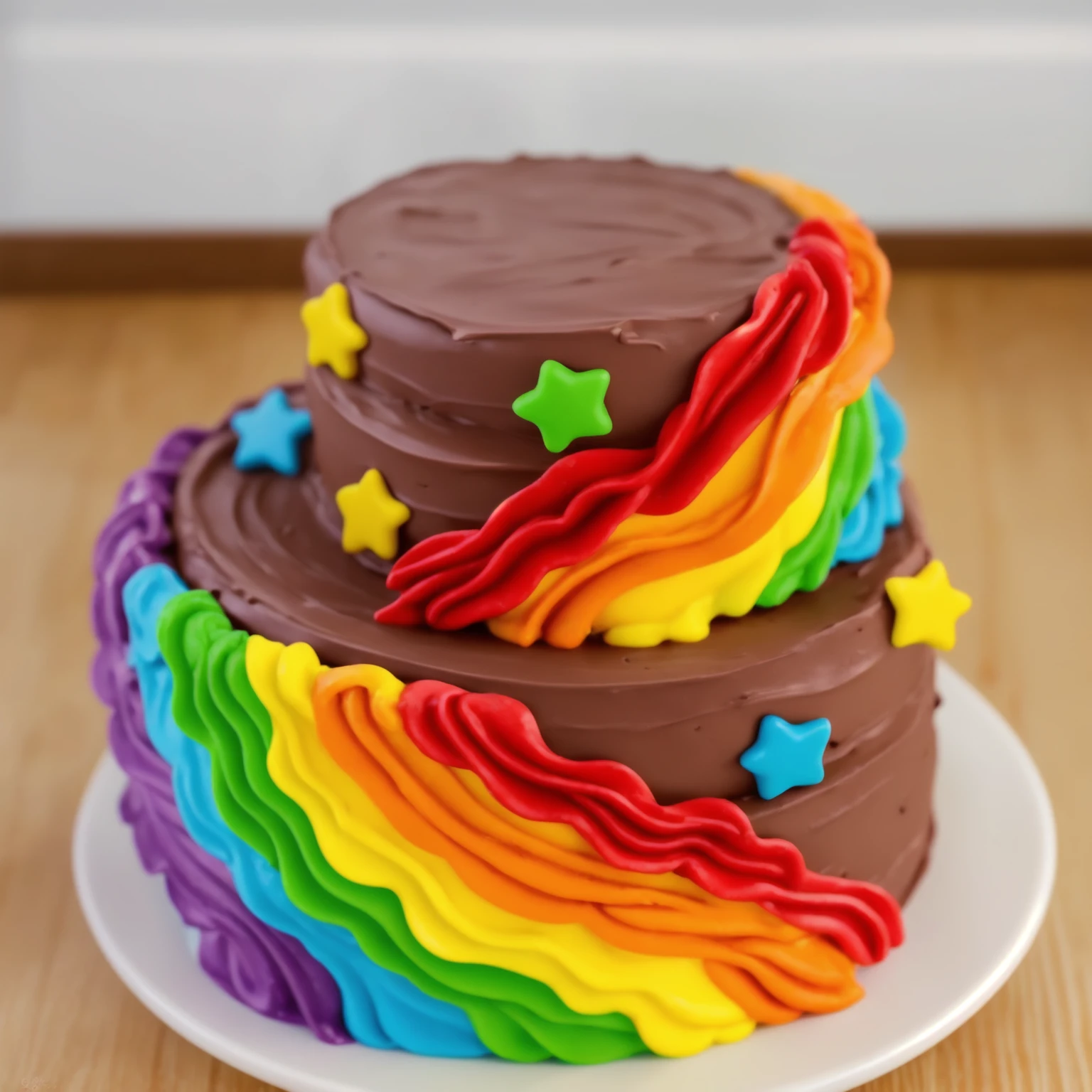 on a wooden table. there is a white plate. double tier chocolate cake ((chocolate cream texture, strokes of a pastry spatula)), rainbow cream in stitches, decorated with rainbow stars made of polymer clay, multi-colored cream on top ((cream highlights)), against the background of the kitchen, Beautiful light from the window, contour light, Multiple light sources, beautiful lighting, Bright light source, bright lighting, beautiful light sources, Multiple light sources, Realistic style , realistic texture, detailed texture, A high resolution, high quality, macro photography 