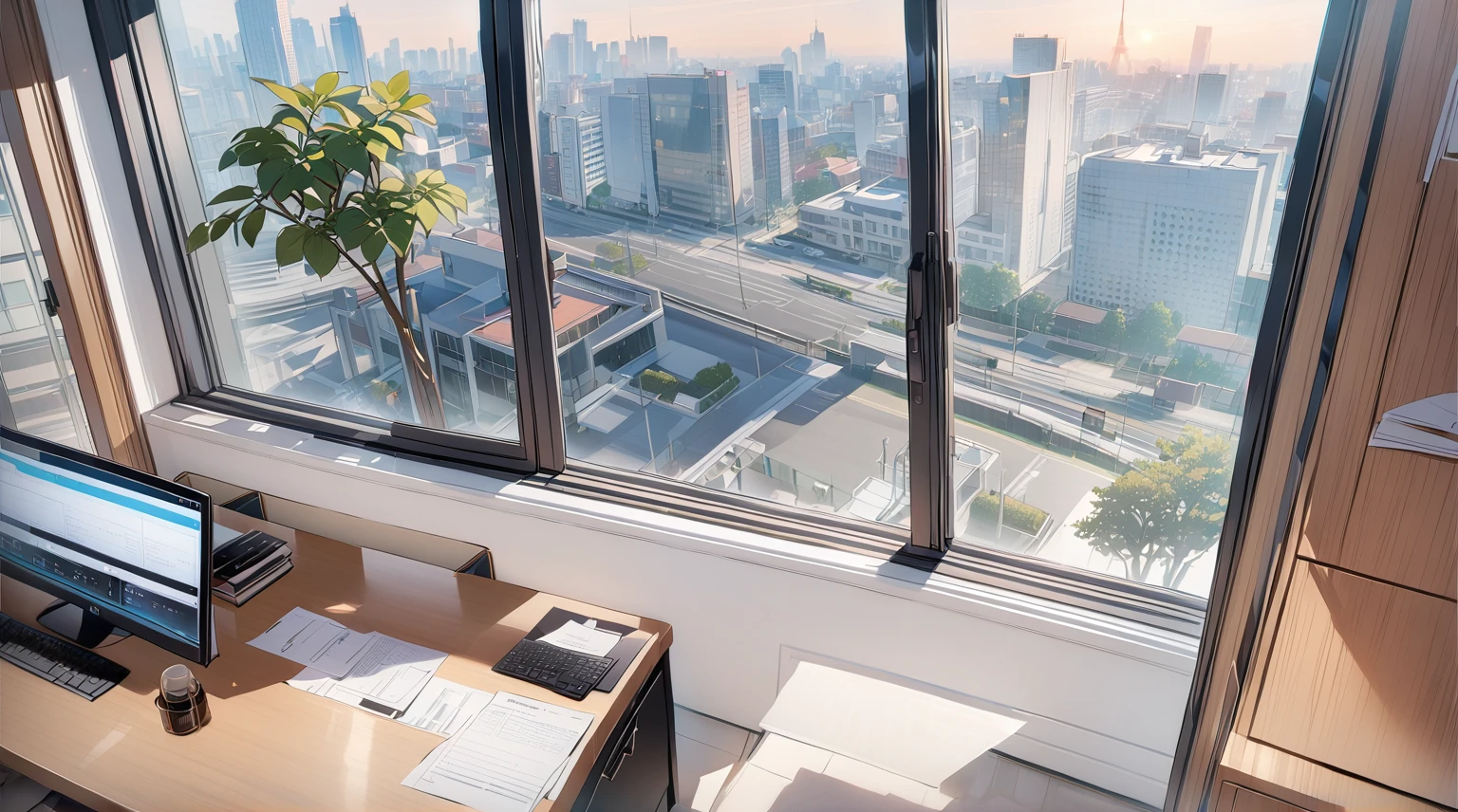 ((best quality)), ((masterpiece)), (detailed), office, president's office, floor-to-ceiling windows, top-down view scene,Potted plants,There is a computer and documents on the desk