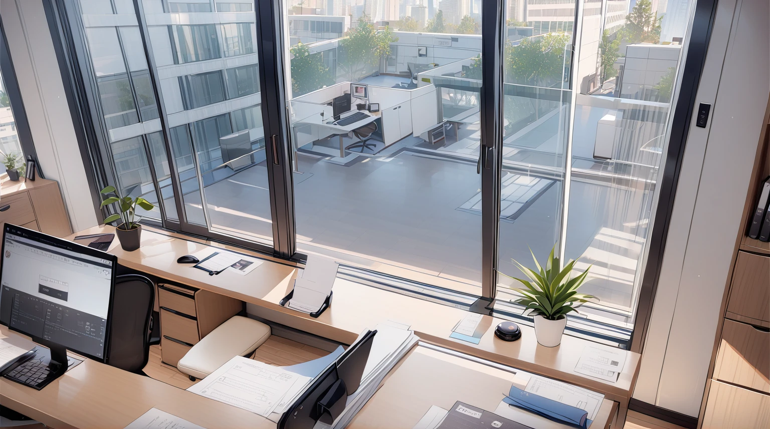 ((best quality)), ((masterpiece)), (detailed), office, president's office, floor-to-ceiling windows, top-down view scene,Potted plants,There is a computer and documents on the desk