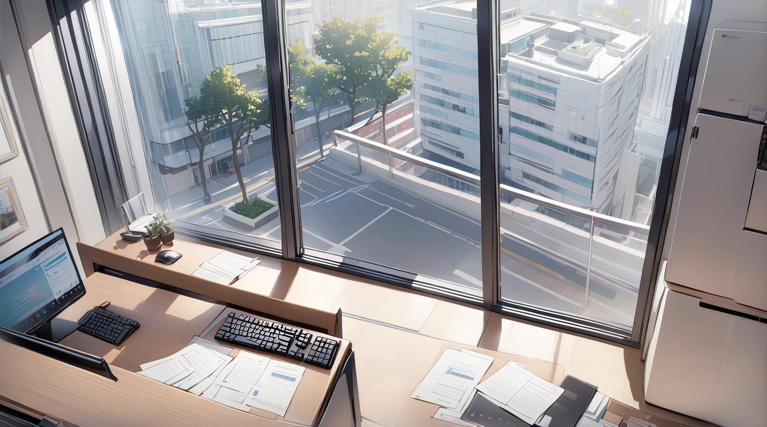 ((best quality)), ((masterpiece)), (detailed), office, president's office, floor-to-ceiling windows, top-down view scene,Potted plants，There is a computer and documents on the desk