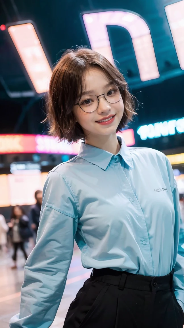 1girl, rounded glasses, big glasses, smiling, looking at the camera, short messy hair, dark-skinned, rounded eyes, cyan blue shirt, black shorts, close up, magazine shot, dynamic pose