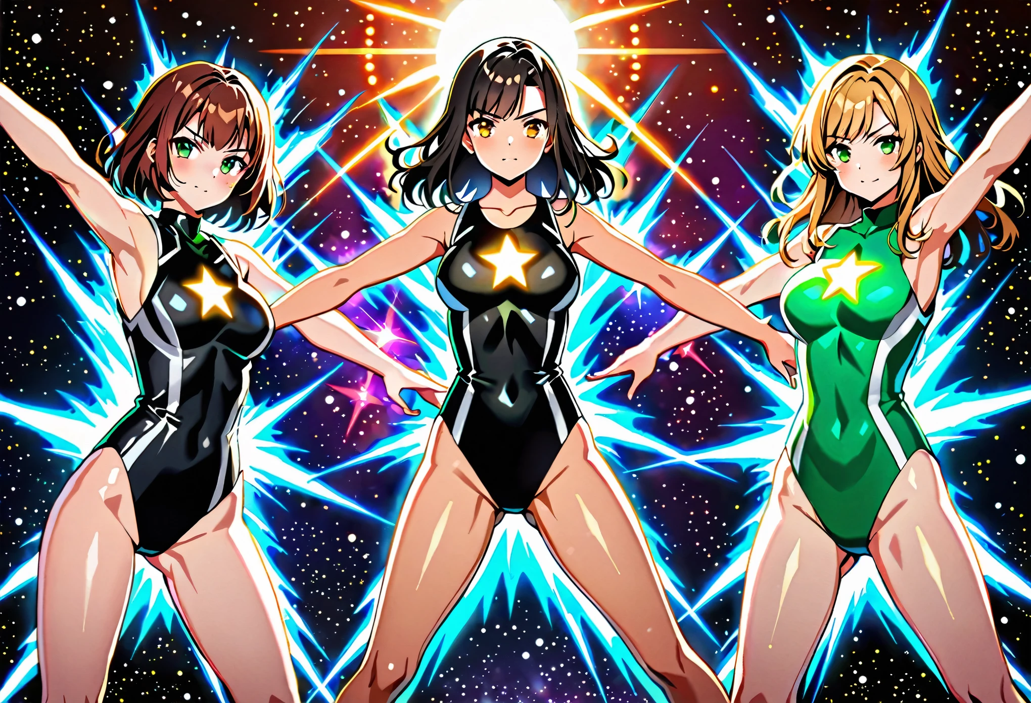 Create an image of three girls in sleeveless leotards, bare legs, and matching gloves and boots. The first the left is a (blonde with long hair, bangs), and green eyes, wearing a (black leotard) with a (moon (symbol) on her chest). The second girl in the middle and front is a redhead with bob hair and blue eyes, wearing a (green leotard) with a (sun (symbol on her chest). The third girl onght and behind the second girl is a (black-haired brunette with medium hair, bangs), and hazel eyes, wearing a (black leotard) with a (star (symbol) on her chest). All three girls are standing with legs apart and outstretched arms, each surrounded by a glowing aura. outer space backdrop, cowboy shot, serious. masterpiece, best quality, hires. diffraction spikes, light particles.