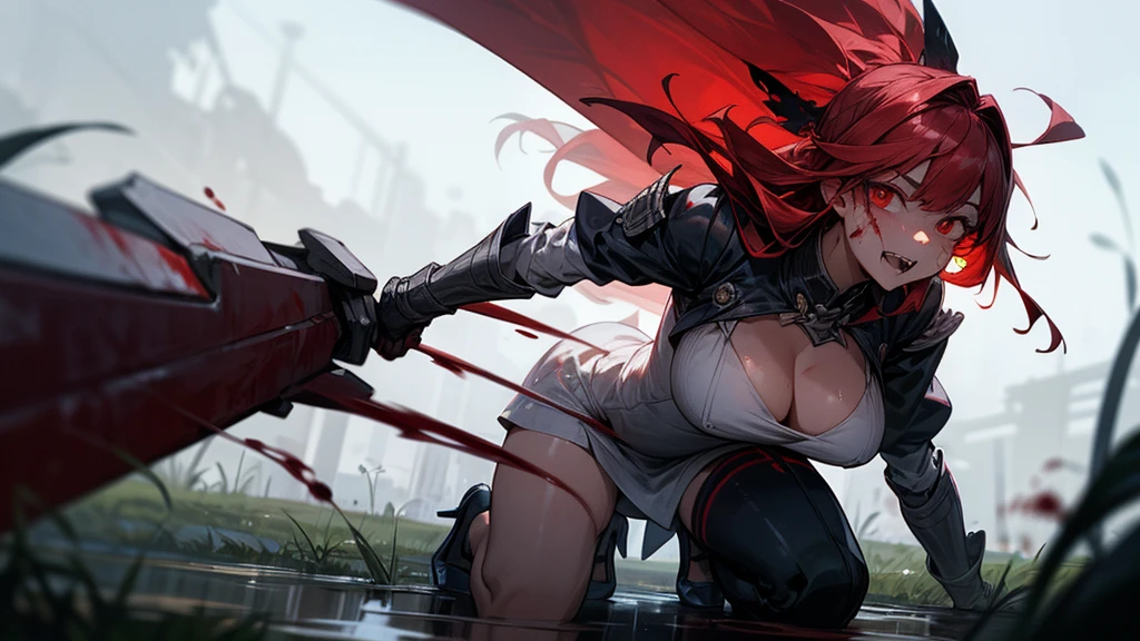 weird atmosphere, (best quality:1.1), (masterpiece:1.2), high quality shadow, beautiful detailed, (high detailed skin, skin details), (wide landscape, 8k), depth of field, highres, best illumination, (sexy), outdoors, blurry background, HD hair, beautiful face, perfect skin, red hair, long hair, (big breasts), blood particles, (night), sharp teeth, glowing red eyes, blood on face, blood on clothes, blood splashing, female knight kneel in the war fields, white dress, leavage, stocking, high heels, attack pose, close to viewer, gripping blue flame sword, heavy rain, in the grassland, foggy, wet body, wet hair, hair fluttering