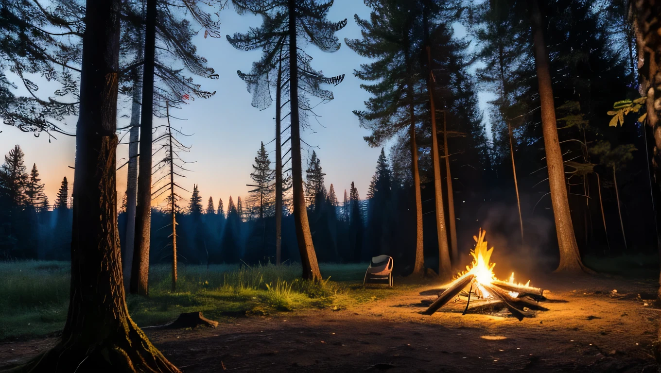Une photo 4k dans une forêt de proche, une ambiance feu de camp sans feu de camp de nuit