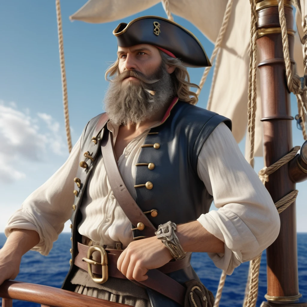 Mediterranean pirate, bearded man on a ship, upper body UP, always detailed, super delicate, photo, 3D