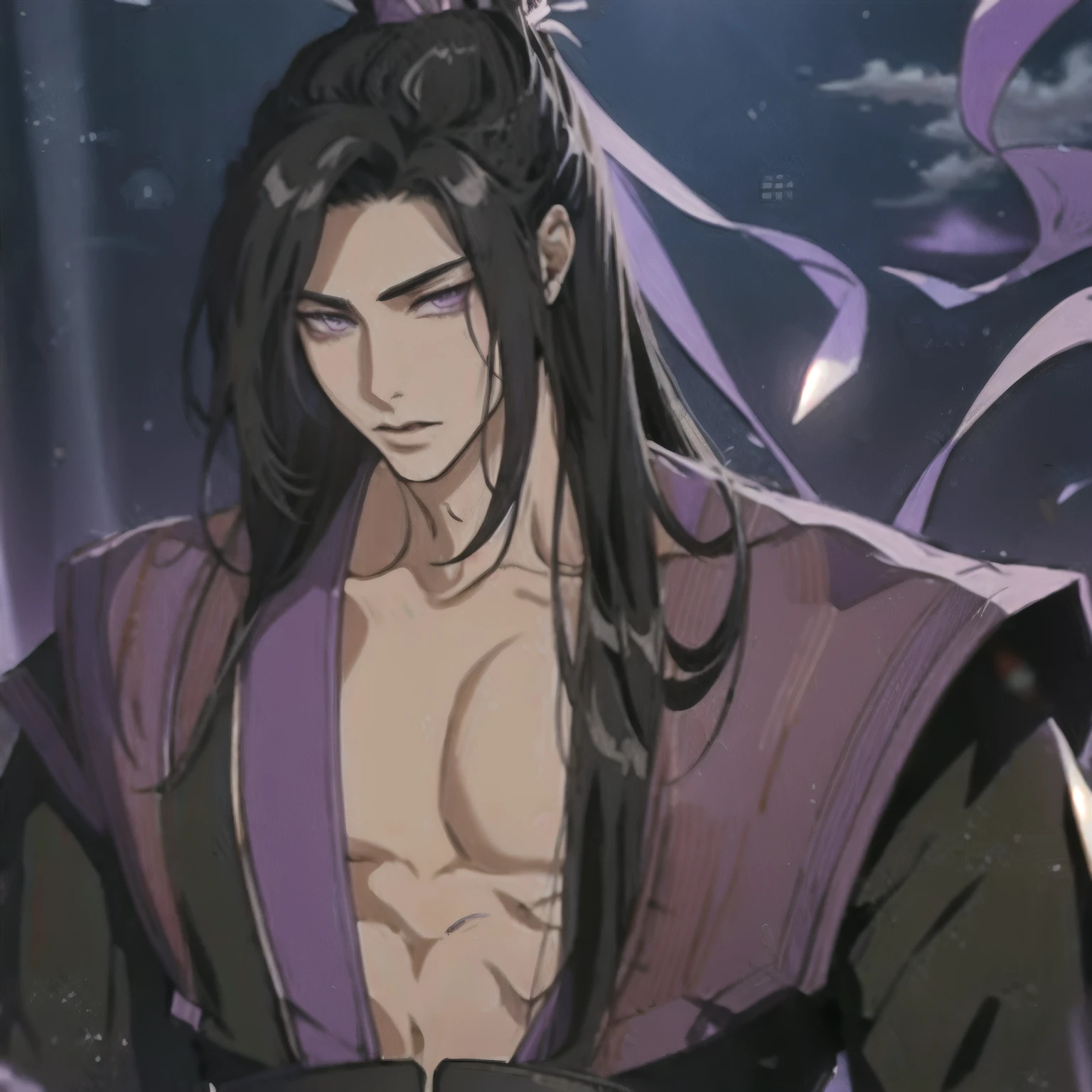 (masterpiece, best quality:1.2), 1male, solo, jiang cheng, mo dao zu shi, mdzs, purple and black clothes, purple eyes, long black hair, perfect anatomy