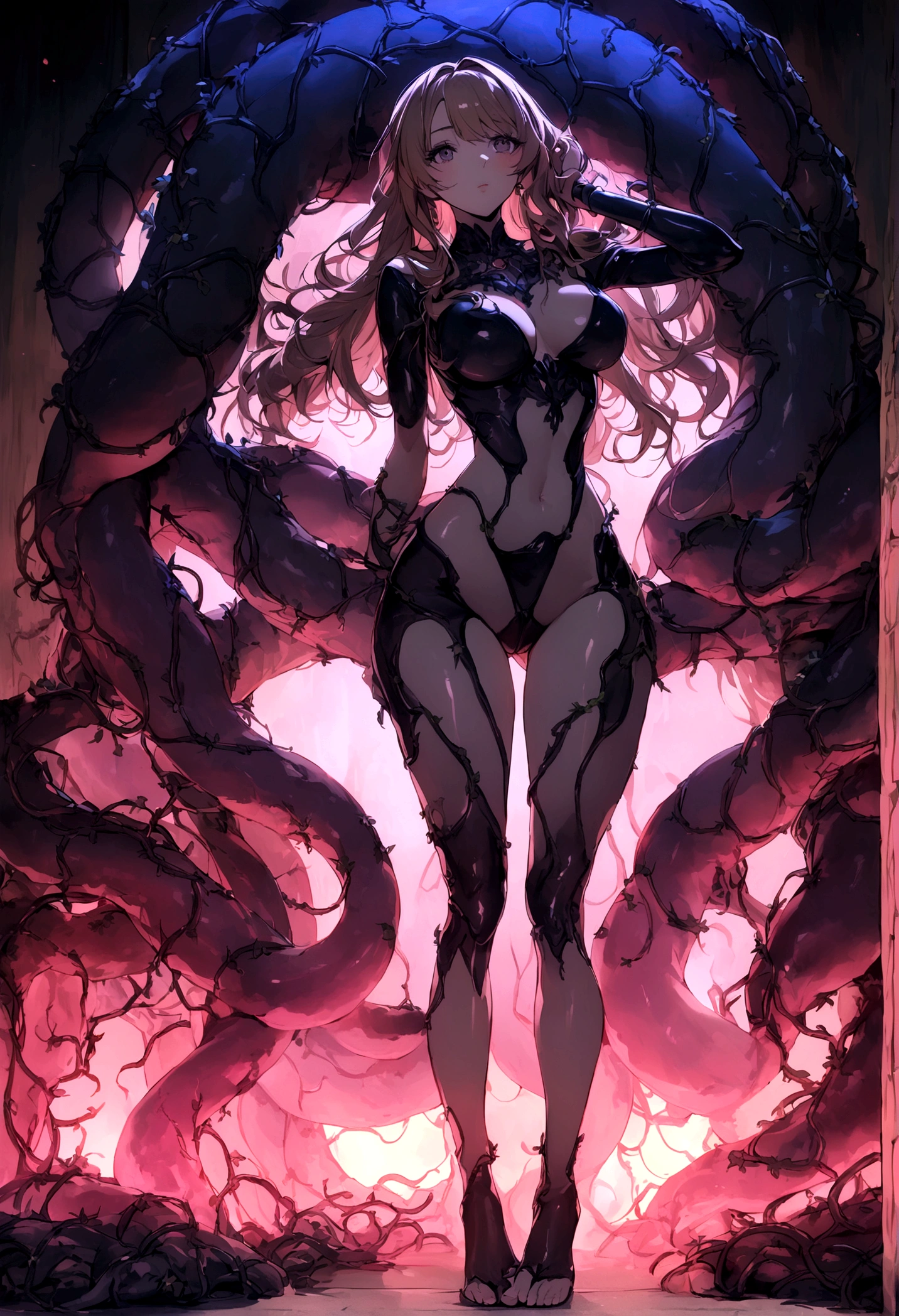Woman (Sofia Vergara, age 25, nude) showering(cleaning herself using bubbly soap) under cascading metal vines that give way to a lush, tropical garden in a steampunk conservatory. (Several (filth eating tentacle like vines) caress and search every crevice of her body as they search for food and help Kate get squeaky clean.) Show full body. (show all of her, show her head to toe, full body shown)