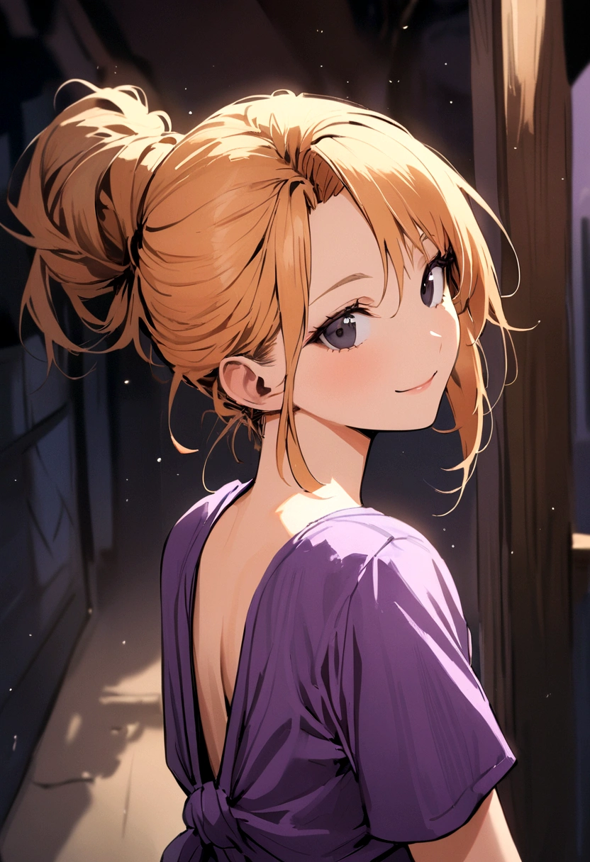 Girl with light orange hair, tied back, black eyes, gray glasses, purple t-shirt, sly smile
