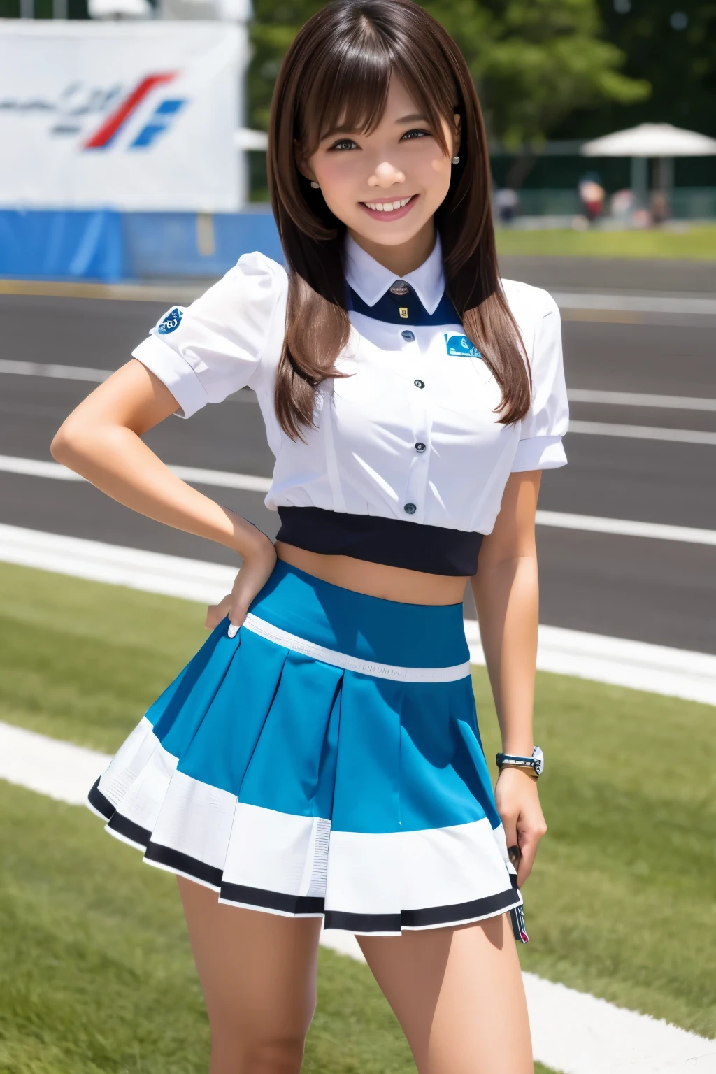 Race Queen, Grid Girls, skirt, No sleeve, masterpiece , Highest quality , detailed , bangs , woman , smile