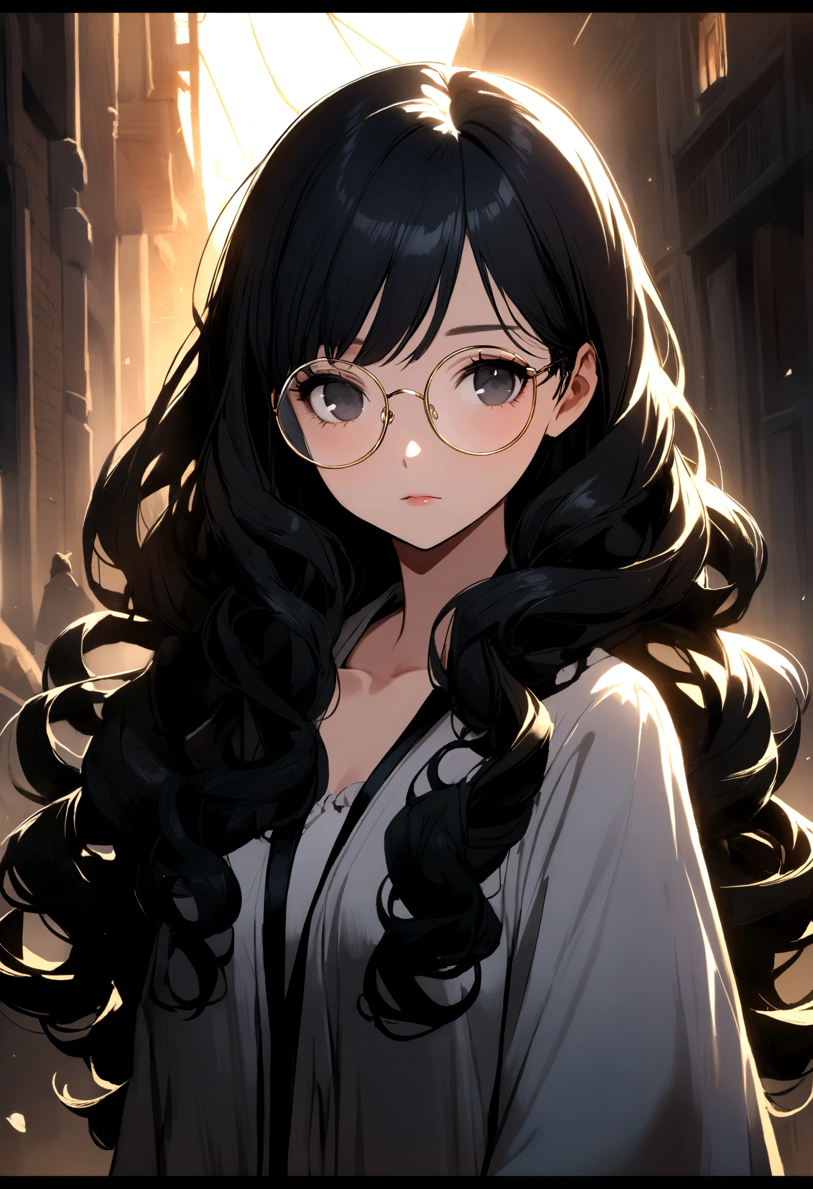 Black hair girl, Long curly hair, No bangs, Gold-rimmed glasses, black eyes,  T 恤