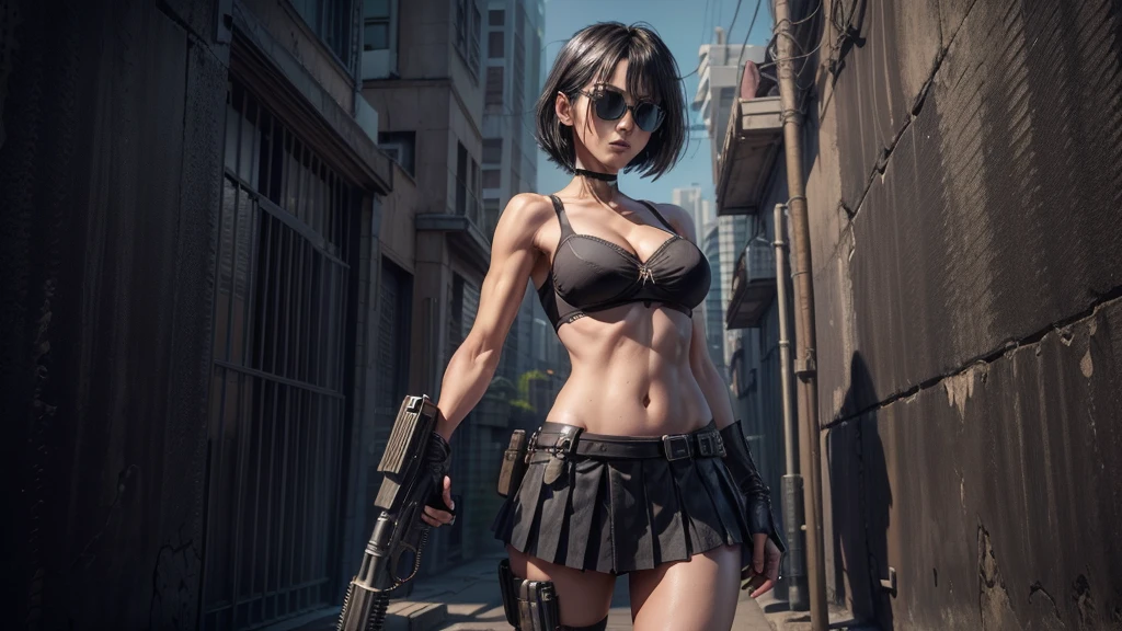 (masterpiece), (best quality), (very detailed), ((1 woman)), (cyberpunk), high angle view of futuristic city at night as background, Female assassin wearing a revealing suit, perfect face, perfect body, Place a small person on the left side of the picture, movie poster, landscape. (((1girl, solo))), photo realistic, (medium-breast slim body, cleavage), (((full bra top, extreamly short pleated (((miniskirt))) exposing panty))), (((((matrix style black sunglasses))))), (((((aiming at viewer with a (short gun), (looking at camera)))))), (((((half-body (thigh level) medium shot))))), (cinematic lighting).
