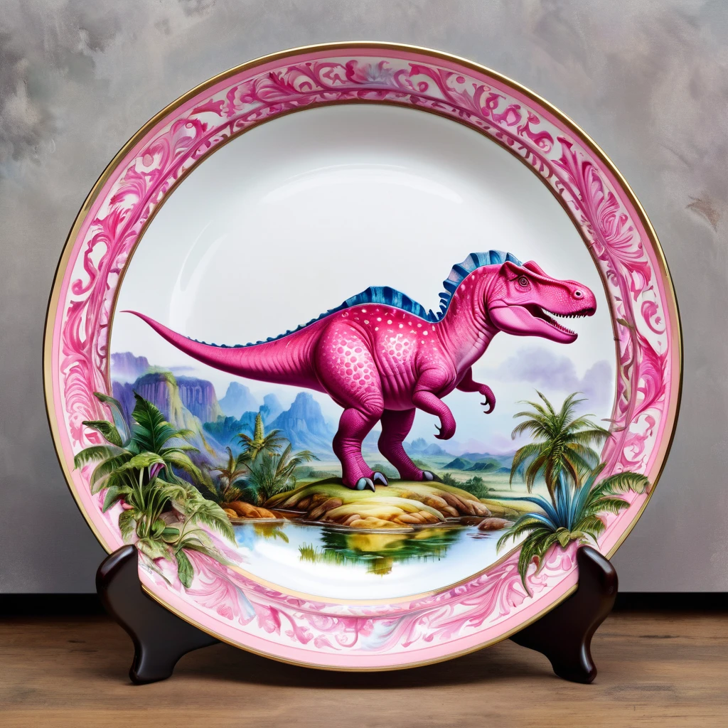 collectible porcelain plate with the image of a pink dinosaur (Wim style_Delvoye), impressionism is very colorful, ((Oil painting)), ((hyperrealistic)), ((masterpiece)), Extreme detail, perspective, 8K