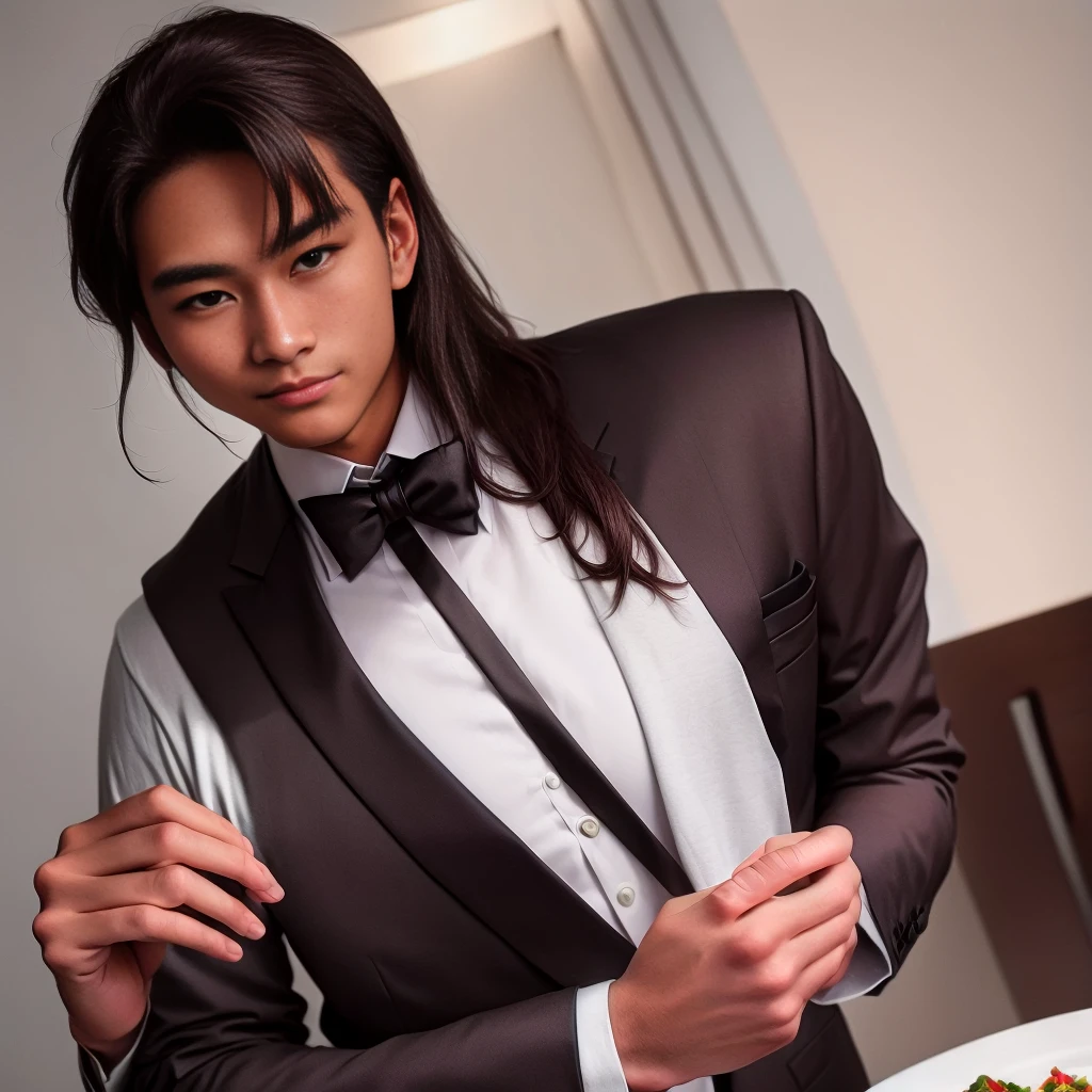 Formal attire　Fine dining　holding credit card　looking at the camera