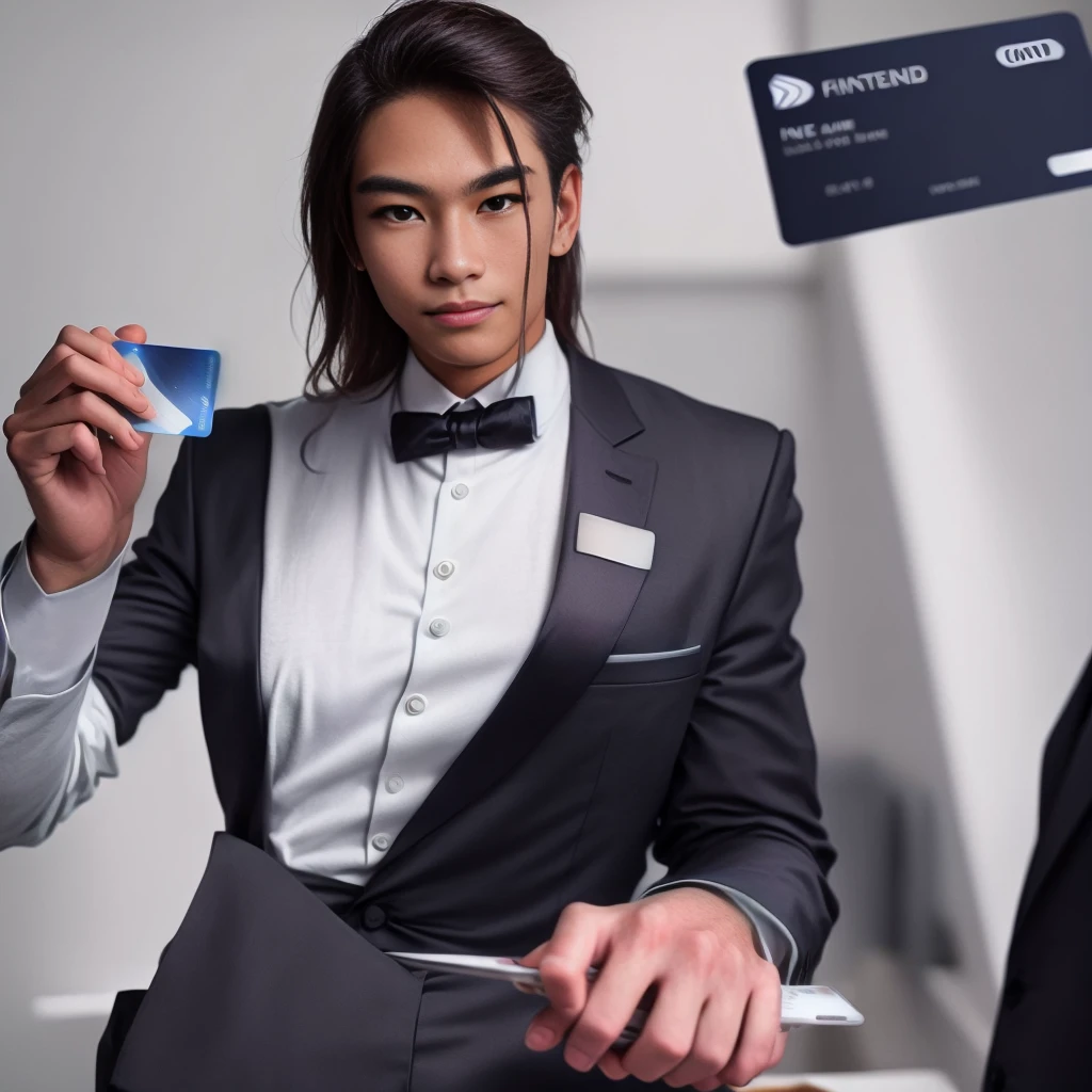 Formal attire Fine dining holding credit card looking at the camera