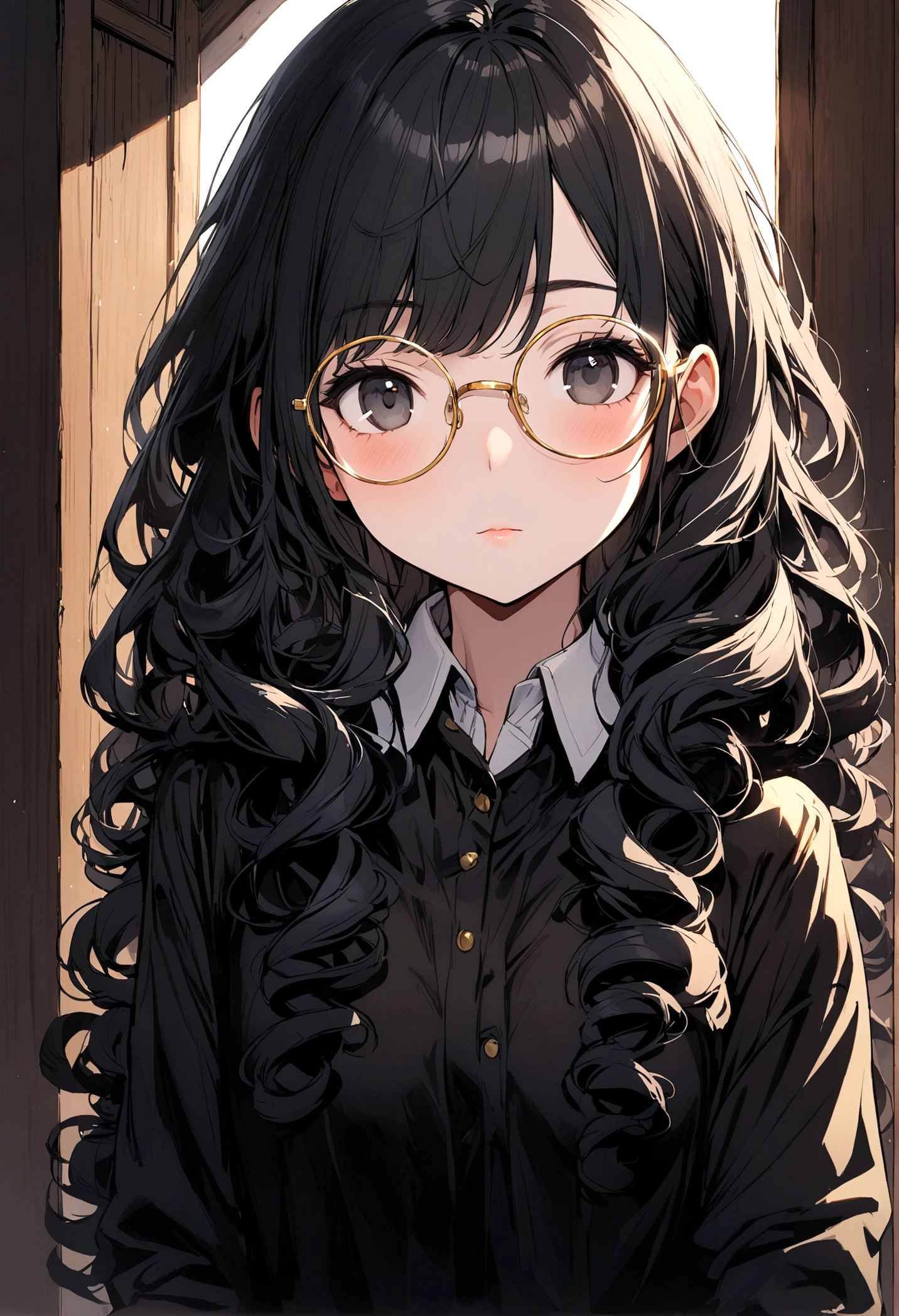 Black hair girl, Long curly hair, No bangs, Gold-rimmed glasses, black eyes,  T 恤