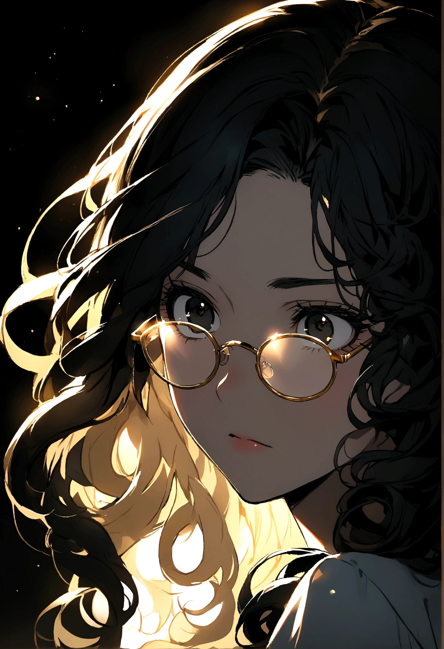 Black hair girl, Long curly hair, No bangs, Gold-rimmed glasses, black eyes, T 恤