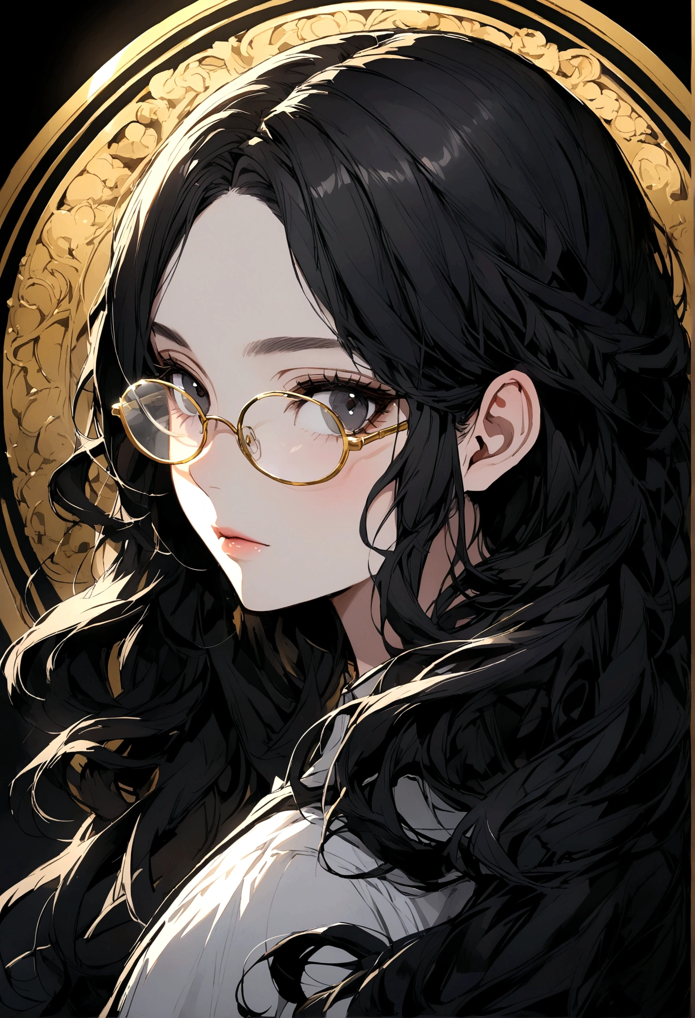Black hair girl, Long curly hair, No bangs, Gold-rimmed glasses, black eyes, T 恤