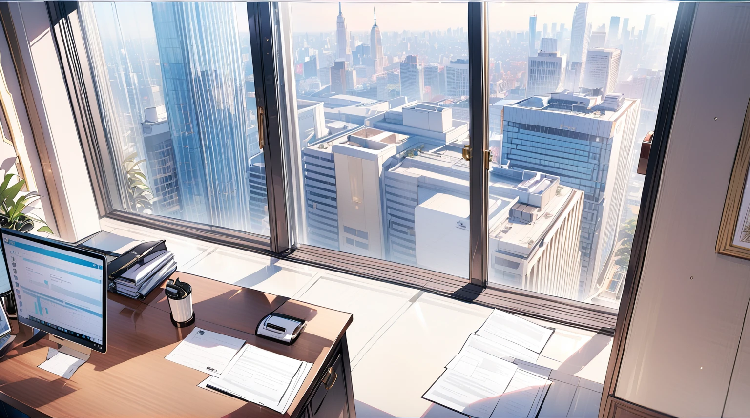 ((best quality)), ((masterpiece)), (detailed), office, president's office, floor-to-ceiling windows, top-down view scene,Potted plants，There is a computer and documents on the desk