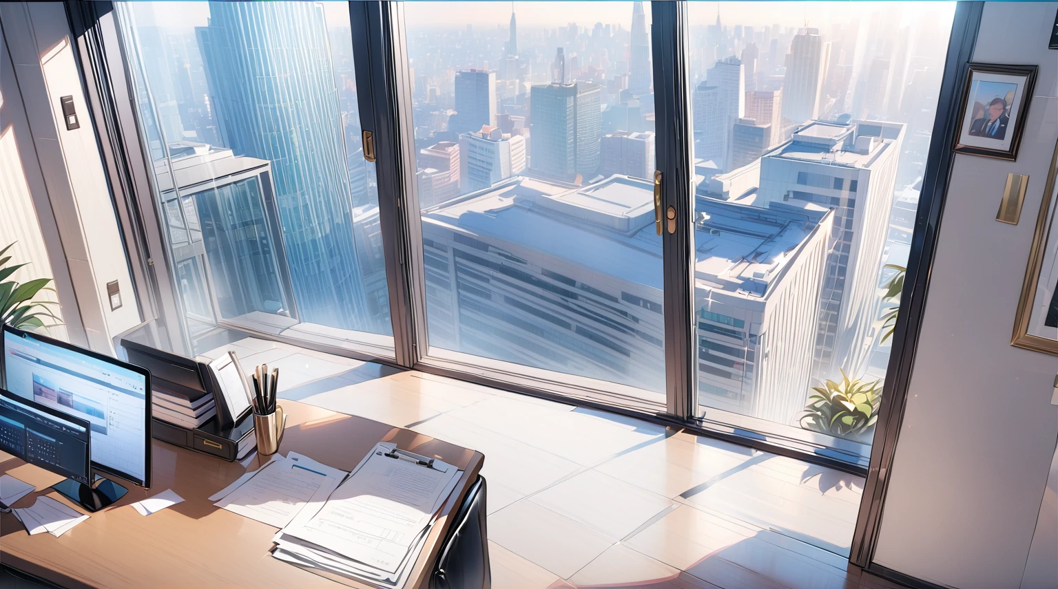 ((best quality)), ((masterpiece)), (detailed), office, president's office, floor-to-ceiling windows, top-down view scene,Potted plants,There is a computer and documents on the desk