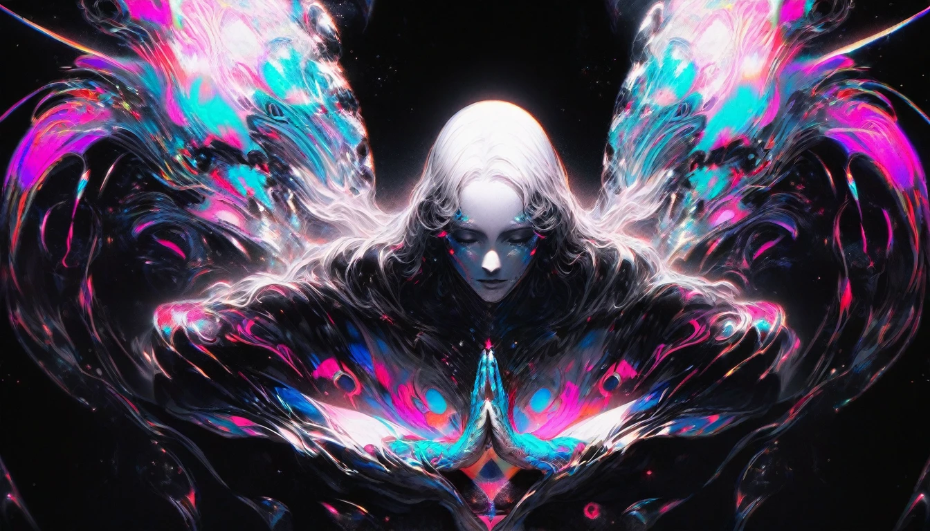 space god, black background, front view, prayer with both hands, black and white image, neon color

